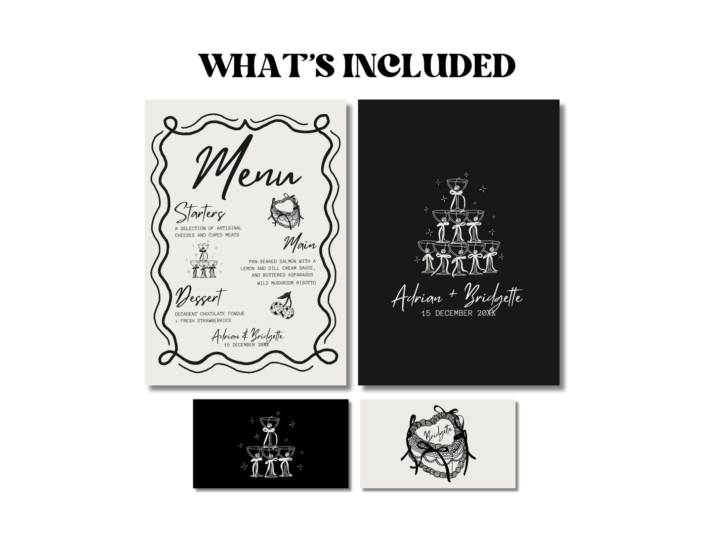 WEDDING MENU and Place Cards Hand Drawn Quirky Wedding Stationery Funky Custom Wedding Menu Template Vintage Wedding Doodle Illustration