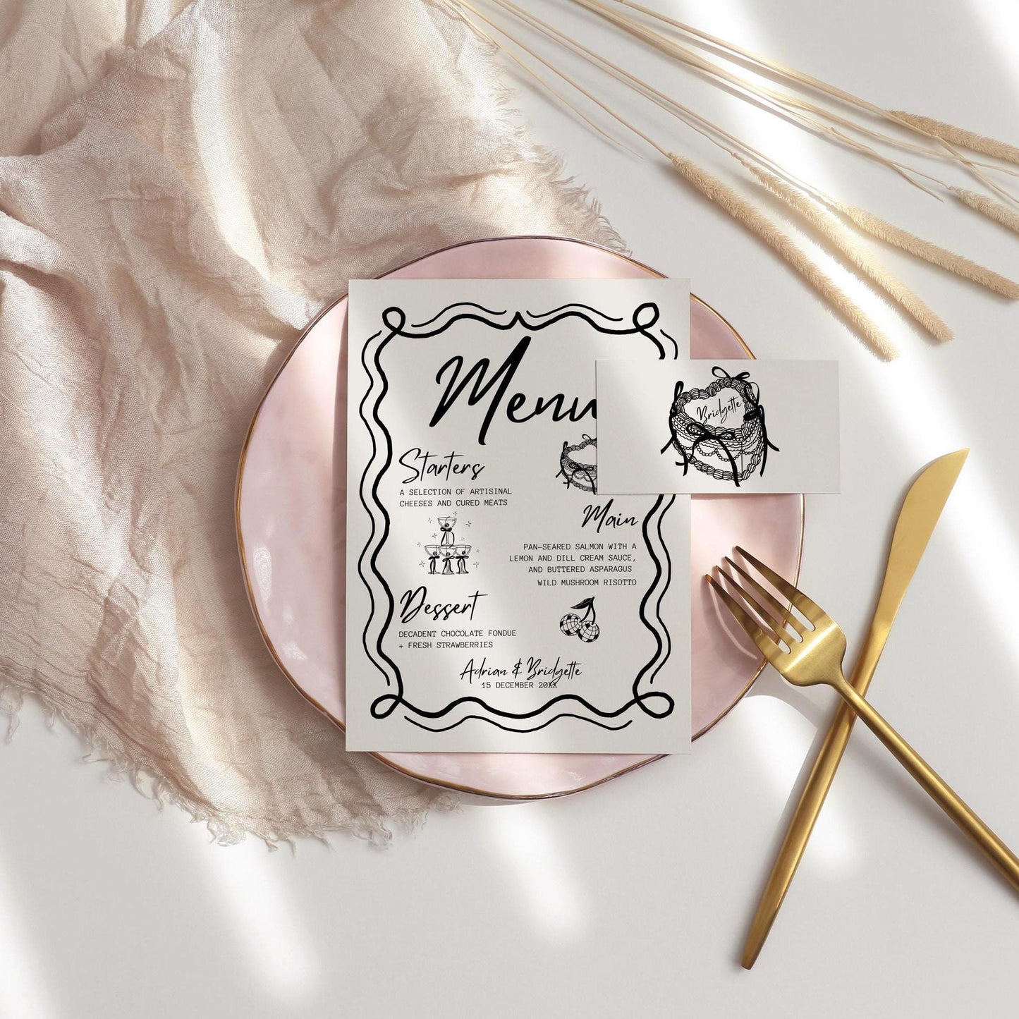 WEDDING MENU and Place Cards Hand Drawn Quirky Wedding Stationery Funky Custom Wedding Menu Template Vintage Wedding Doodle Illustration