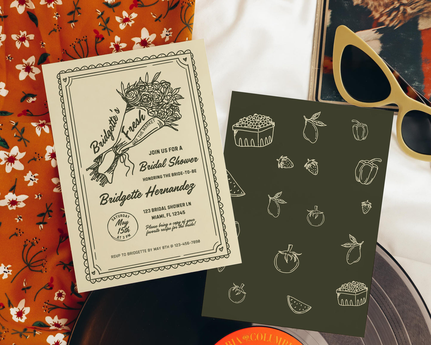 Fresh Off the Market Bridal Shower Recipe Card Template Hand Drawn Bridal Shower Recipe Request Insert Printable Recipe Card Farmers Market