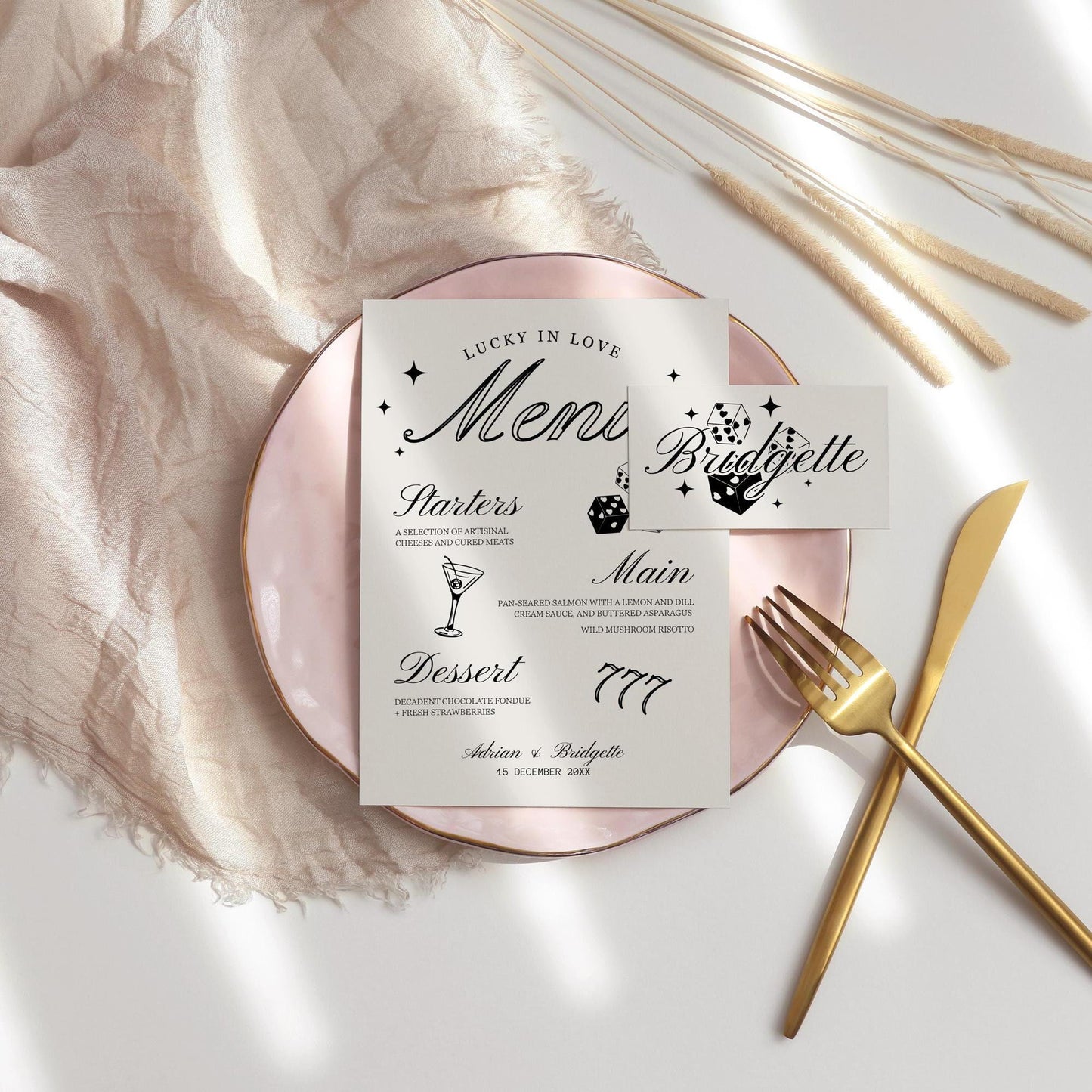 WEDDING MENU and Place Cards Hand Drawn Vegas Wedding Stationery Playing Cards Lucky in Love Wedding Menu Template Vintage Wedding Las Vegas