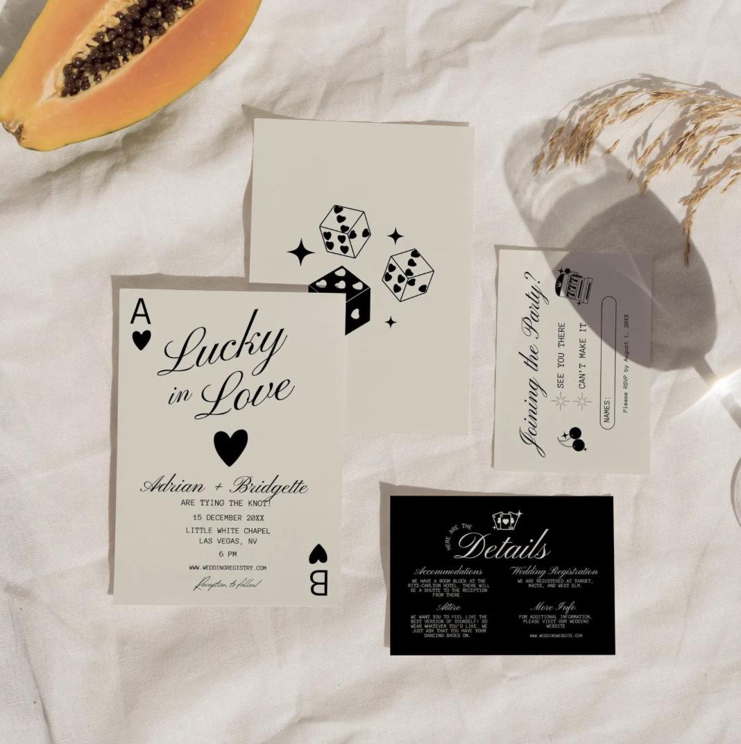 WEDDING MENU and Place Cards Hand Drawn Vegas Wedding Stationery Playing Cards Lucky in Love Wedding Menu Template Vintage Wedding Las Vegas