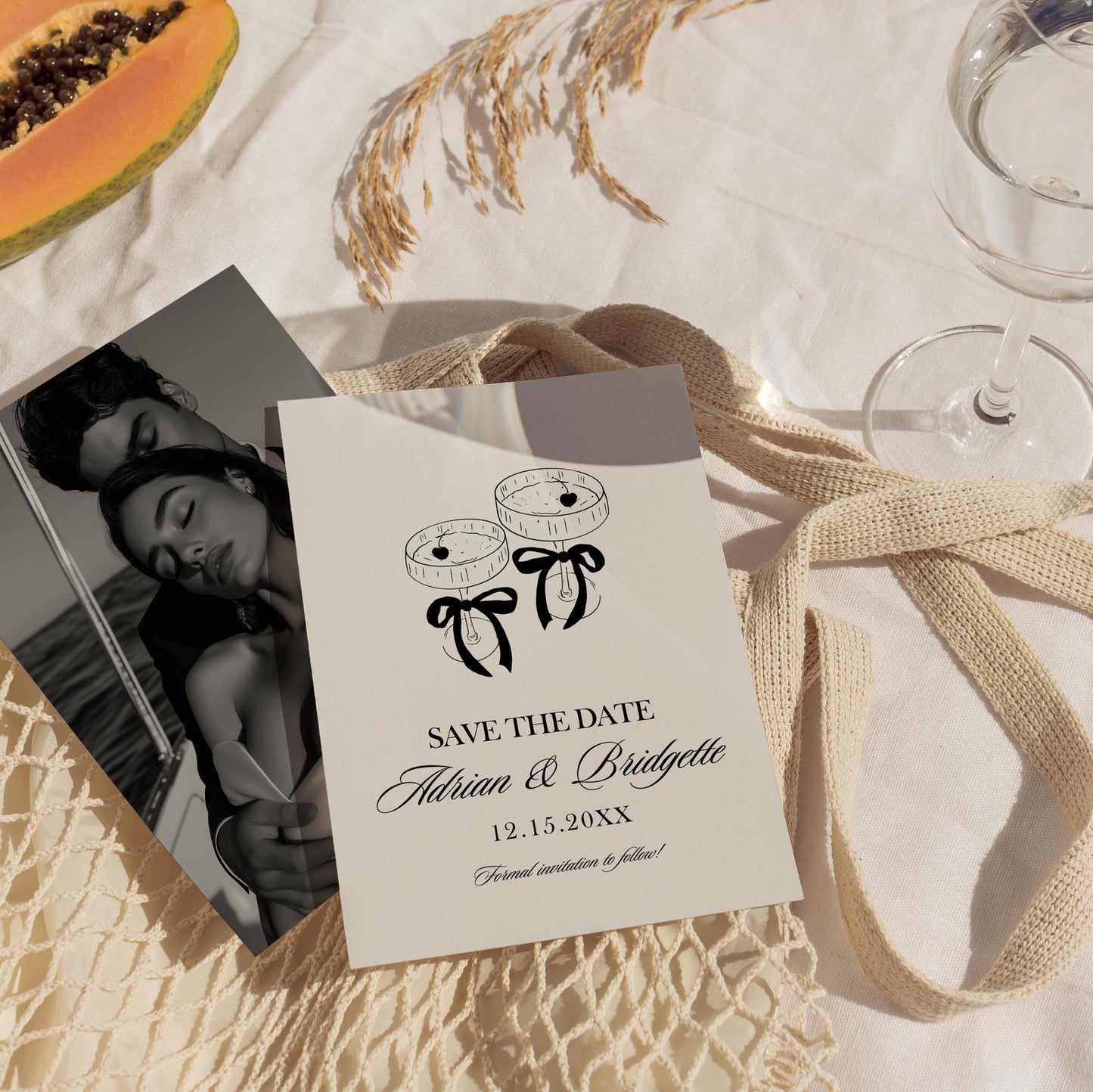 Whimsical Hand Drawn Champagne Save the Date Card with Photo Custom Printable Invite Editable Template Hand Drawn Wedding French Inspired