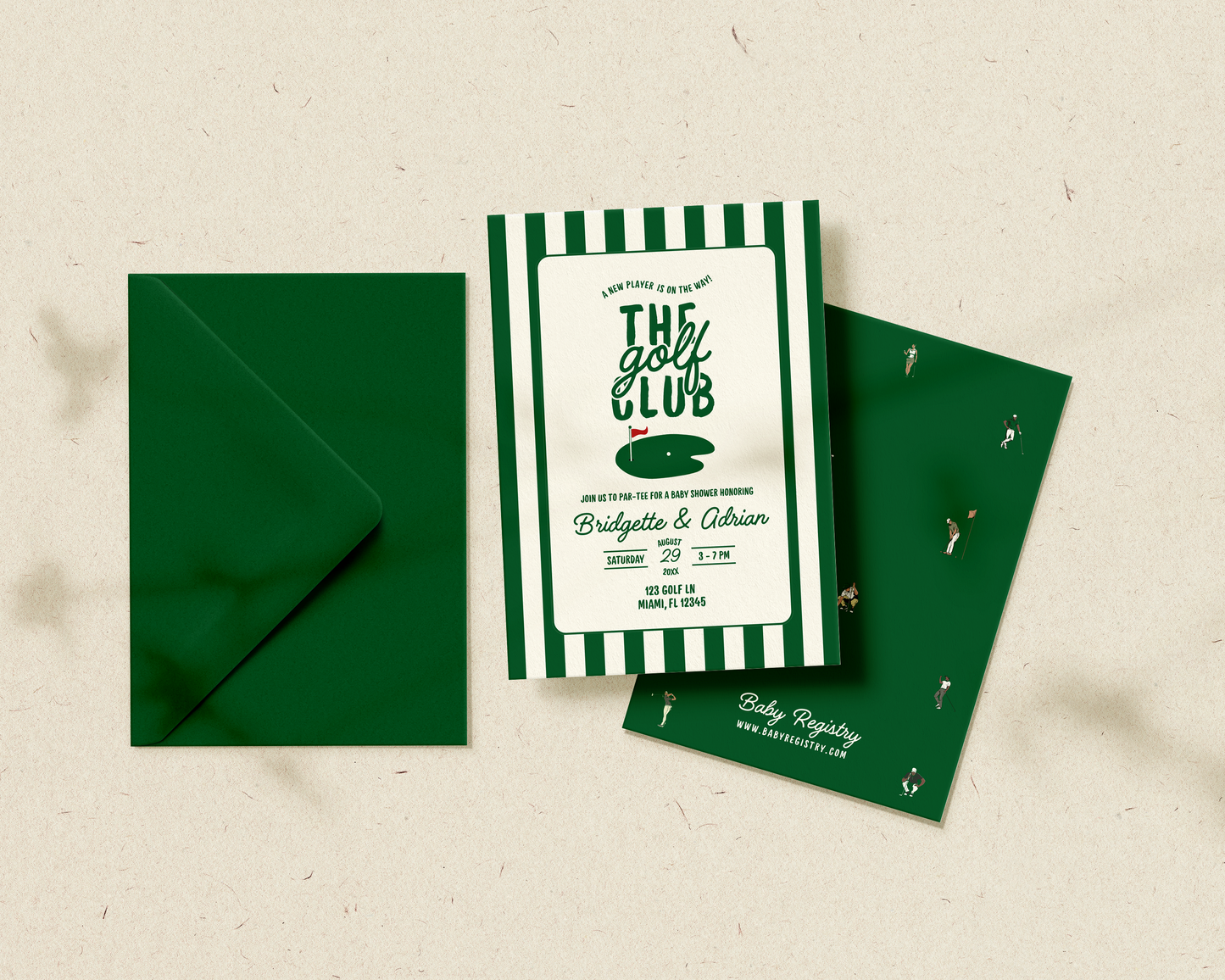 Golf-themed baby registry invitation set with green and white design on a beige background