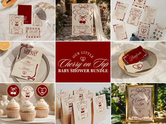 Cherry On Top Baby Shower Bundle Template Baby Sprinkle Our Little Cherry On Top Hand Drawn Coquette Ribbon Editable Cherry on Top Theme