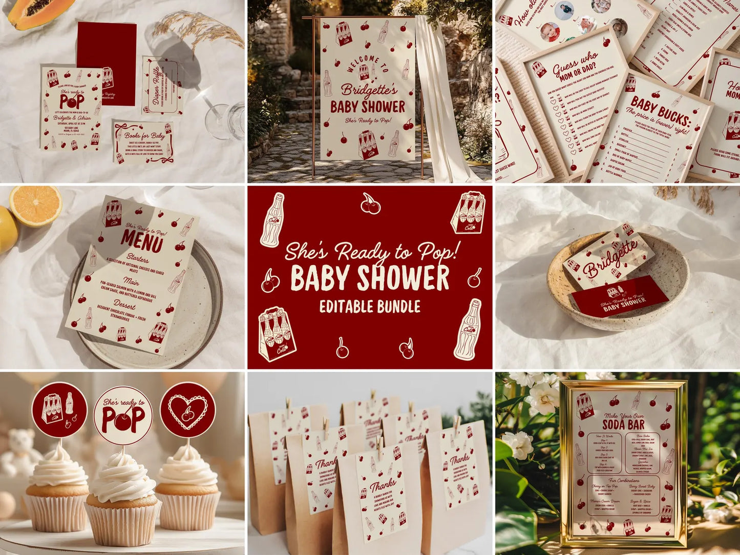 She's Ready to Pop Baby Shower Invitation Template 50s Style Soda Pop Invite Gender Neutral Baby Shower Games Template Welcome Sign Menu