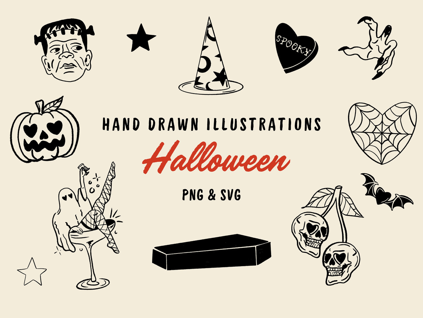 Hand Drawn Halloween Illustration Bundle Set SVG PNG Icon Clipart Scribble Illustration Transparent Background Doodle Halloween Drawing Set