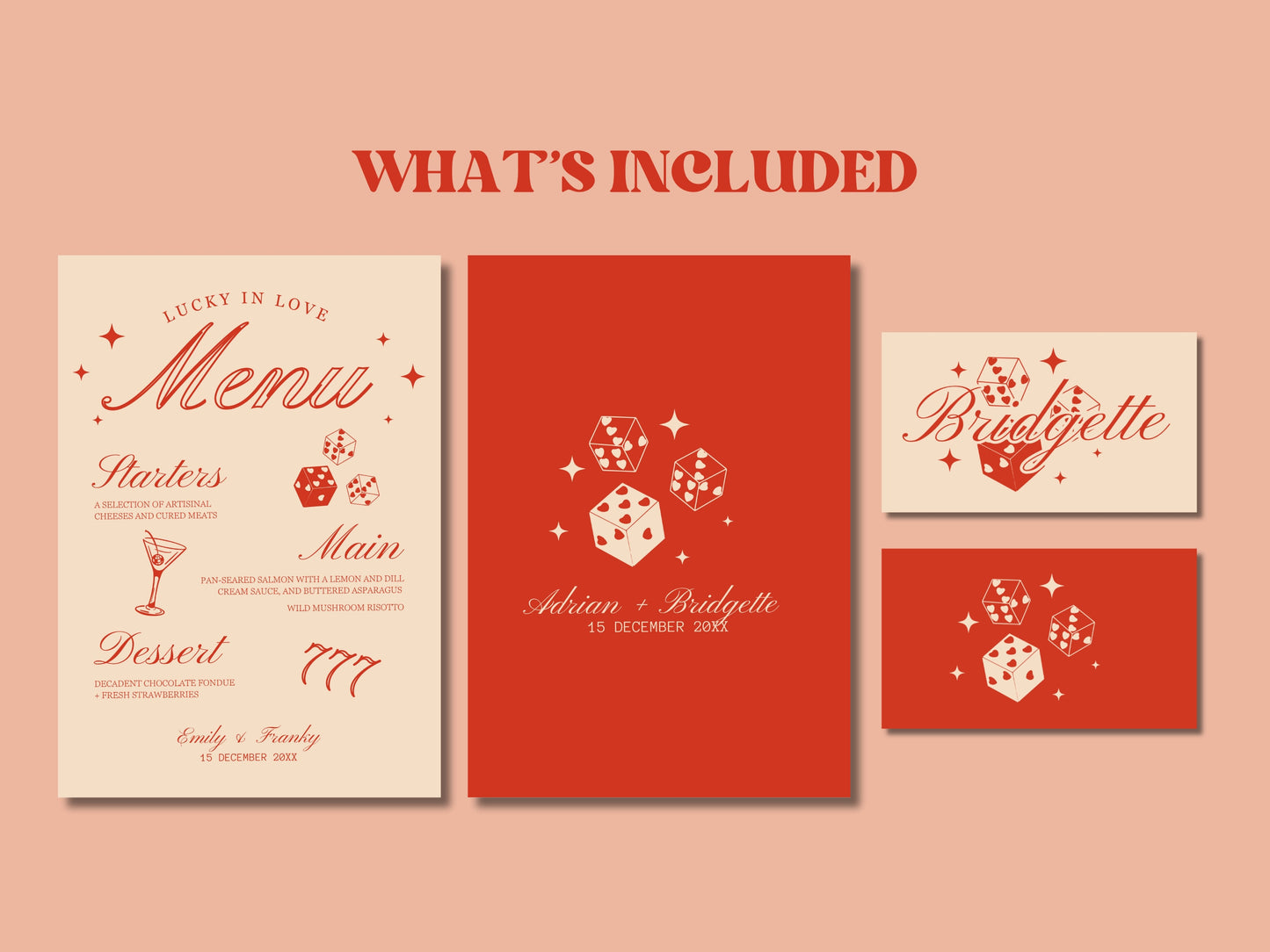 WEDDING MENU and Place Cards Hand Drawn Vegas Wedding Stationery Playing Cards Lucky in Love Wedding Menu Template Vintage Wedding Las Vegas