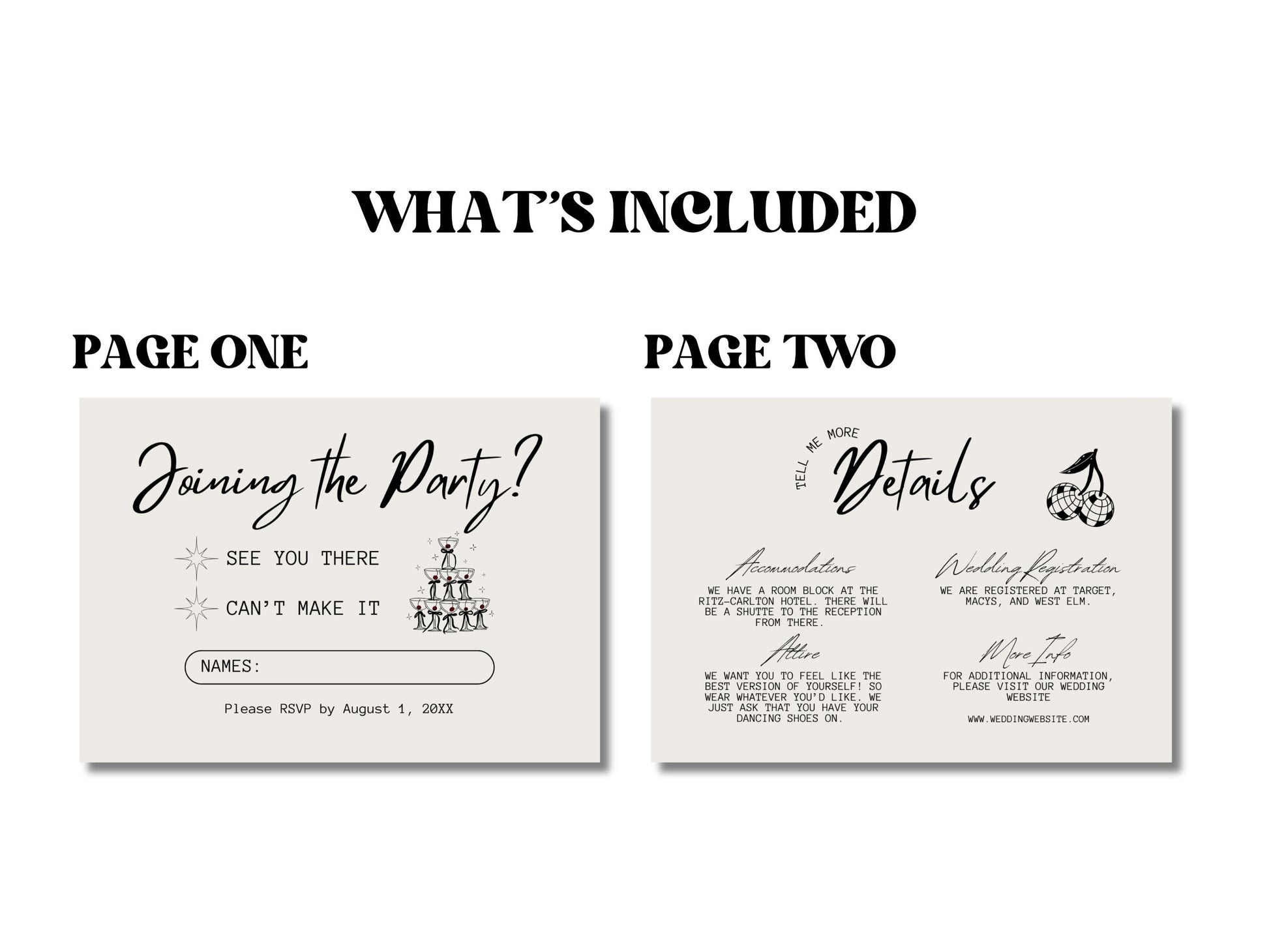 Vintage Wedding Details and RSVP Cards Hand Drawn Wedding Stationery Handwritten Retro Scribble Illustration Wedding Template Funky Custom