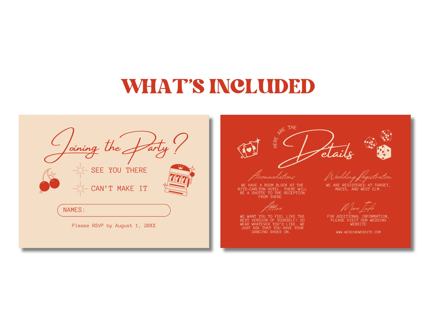 Lucky in Love Wedding Details and RSVP Cards Vegas Wedding Stationery Vintage Wedding Stationery Perfect Match Retro Vegas Wedding Template