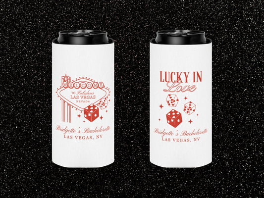 Las Vegas Bachelorette Koozie Lucky in Love Can Cooler Vintage Wedding Koozie Vegas Bachelorette Favors Can Huggers Custom Lucky in Love