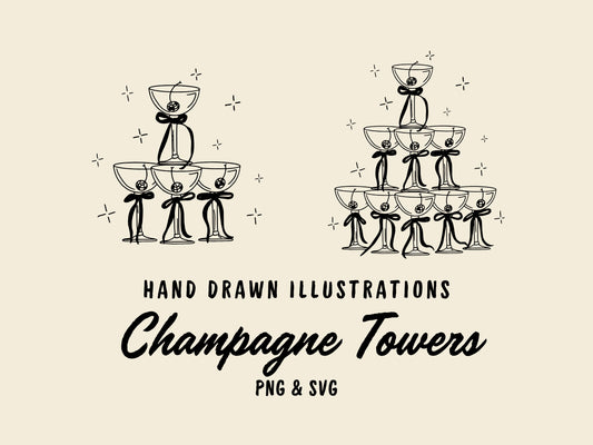 Hand Drawn Champagne Glasses Tower Bows Disco Cherries SVG Wedding Champagne Tower Illustration PNG Editable in Canva Invitation Clipart