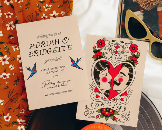 Wedding Invitation Traditional Tattoo Wedding Old School Tattoo Rock N Roll Vintage Wedding Stationery Tattoo Rockabilly Custom Invitation