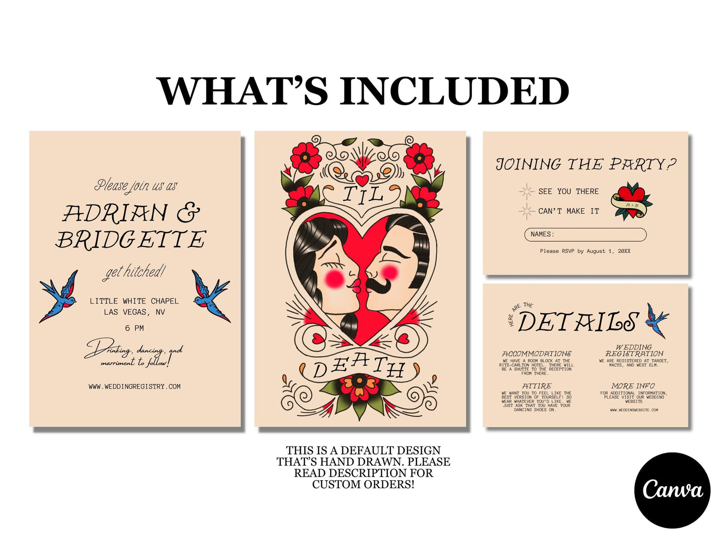 Traditional Tattoo Wedding Stationery Old School Tattoo Wedding Rock N Roll Vintage Wedding Tattoo Rockabilly Custom Wedding Suite Template
