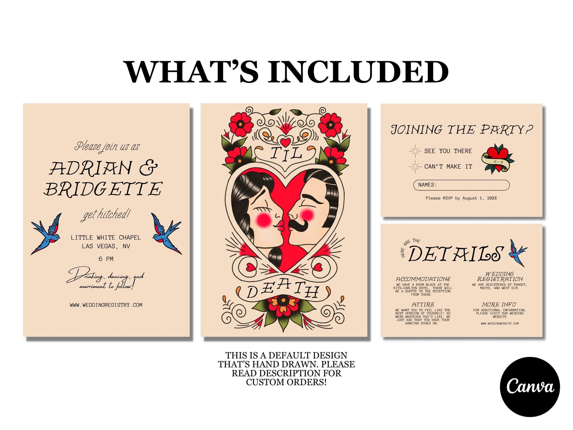 Traditional Tattoo Wedding Stationery Old School Tattoo Wedding Rock N Roll Vintage Wedding Tattoo Rockabilly Custom Wedding Suite Template