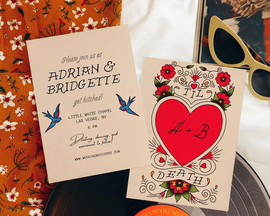 WEDDING INVITATION Traditional Tattoo Wedding Old School Tattoo Rock N Roll Vintage Wedding Stationery Tattoo Rockabilly Wedding Invite