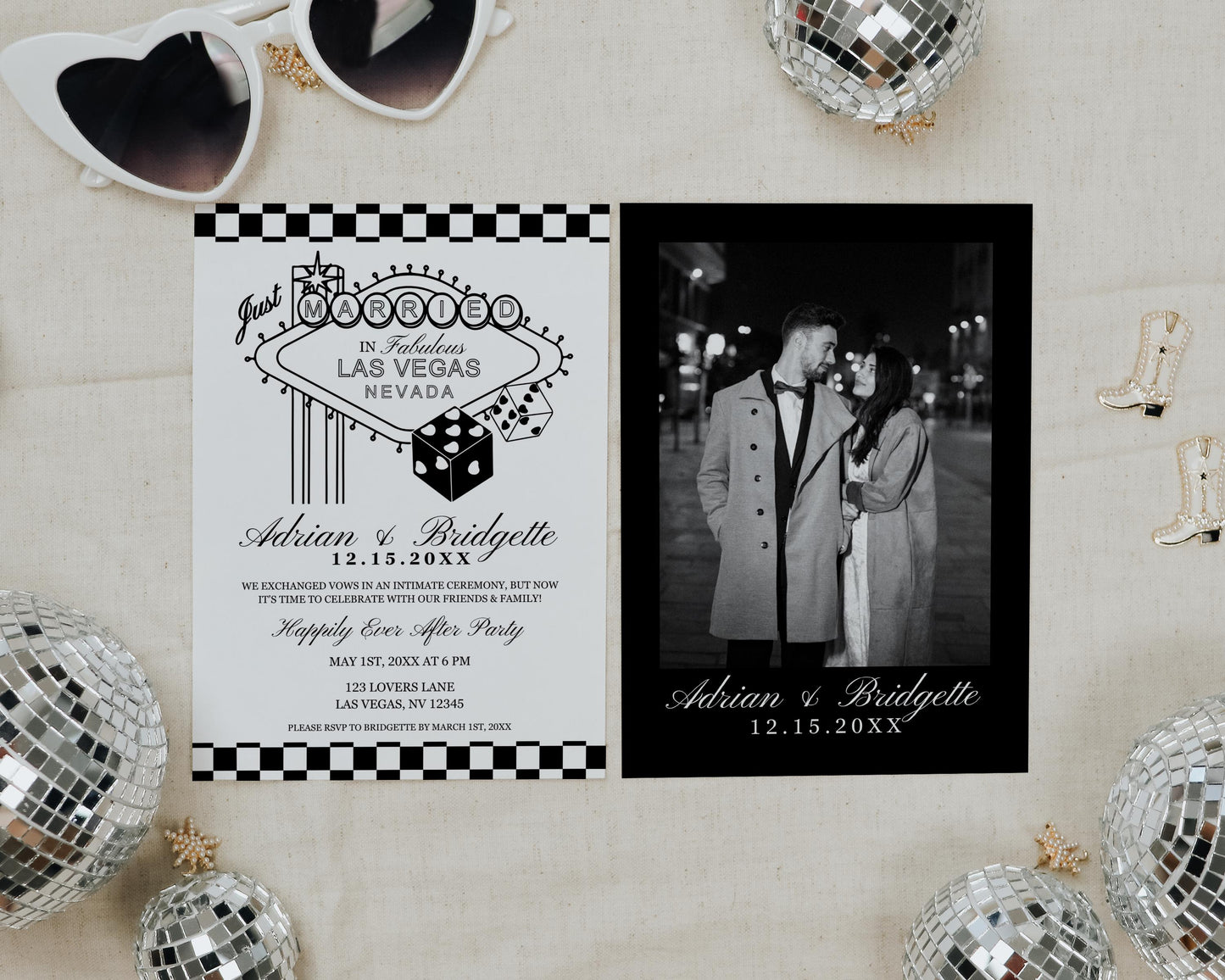 Las Vegas Elopement Announcement Vegas Wedding Pocket Wedding After Party Invite Wedding Reception Invitation Lucky in Love Vintage Wedding