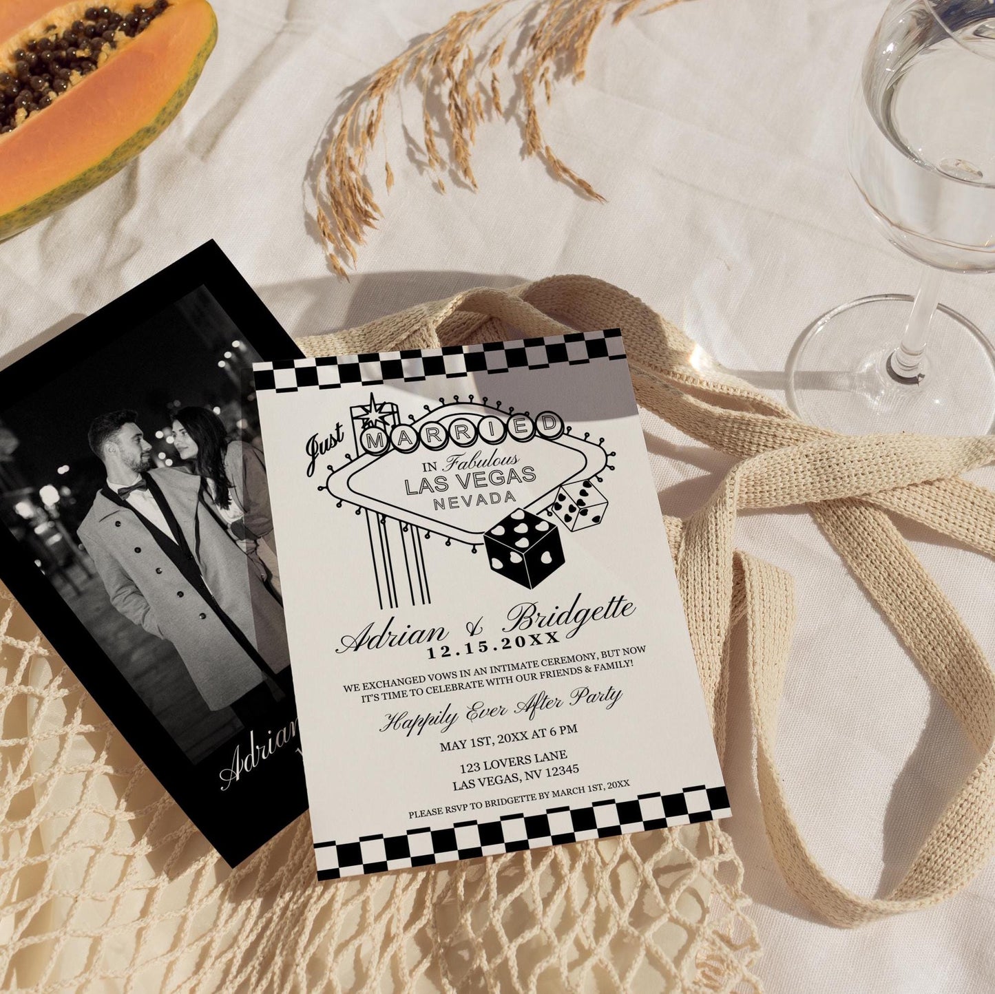 Las Vegas Elopement Announcement Vegas Wedding Pocket Wedding After Party Invite Wedding Reception Invitation Lucky in Love Vintage Wedding