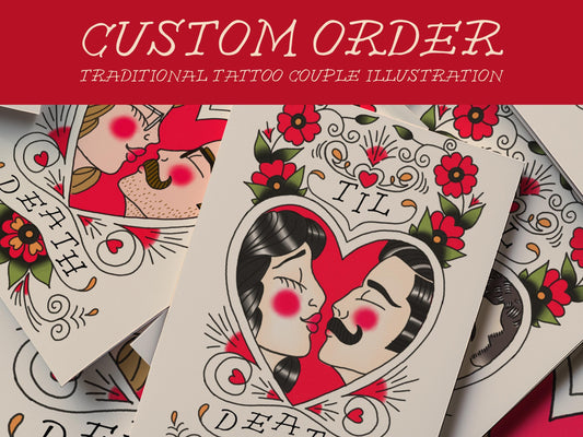 CUSTOM Traditional Style Inspired Couple Illustration Couple Tattoo Flash Art Old School Tattoo Wedding Invite Alternative Wedding