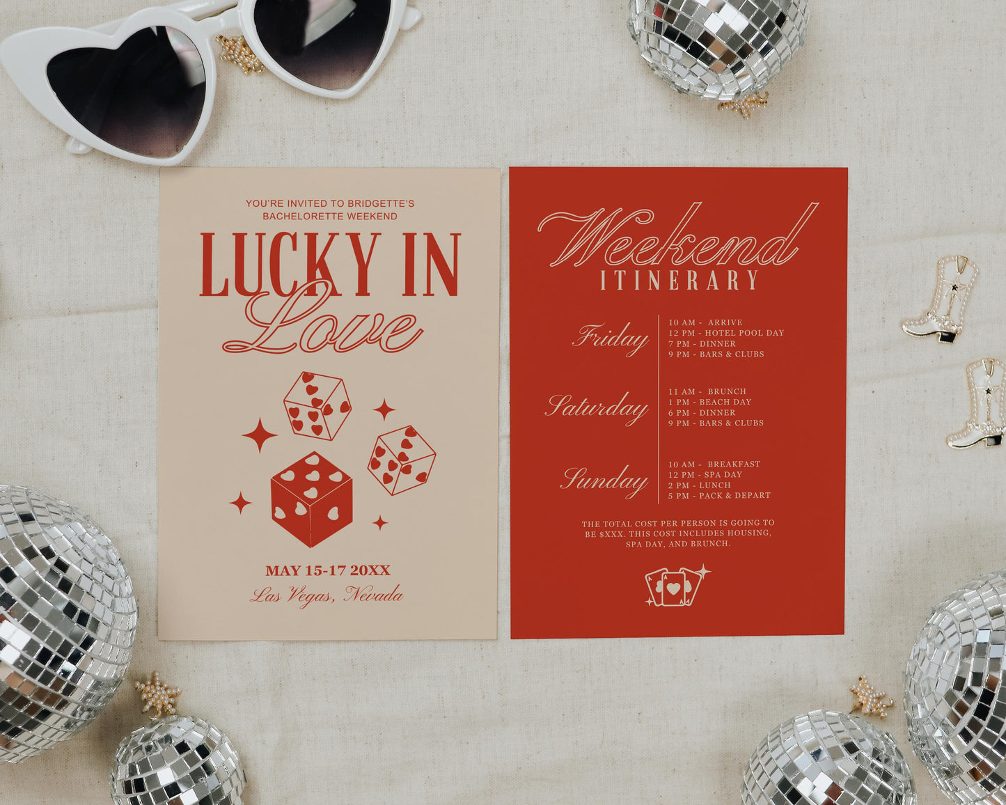 Lucky in Love Bachelorette Party Invitation Las Vegas Bachelorette Weekend Itinerary Template Vintage Wedding Stationery Hen Party Retro