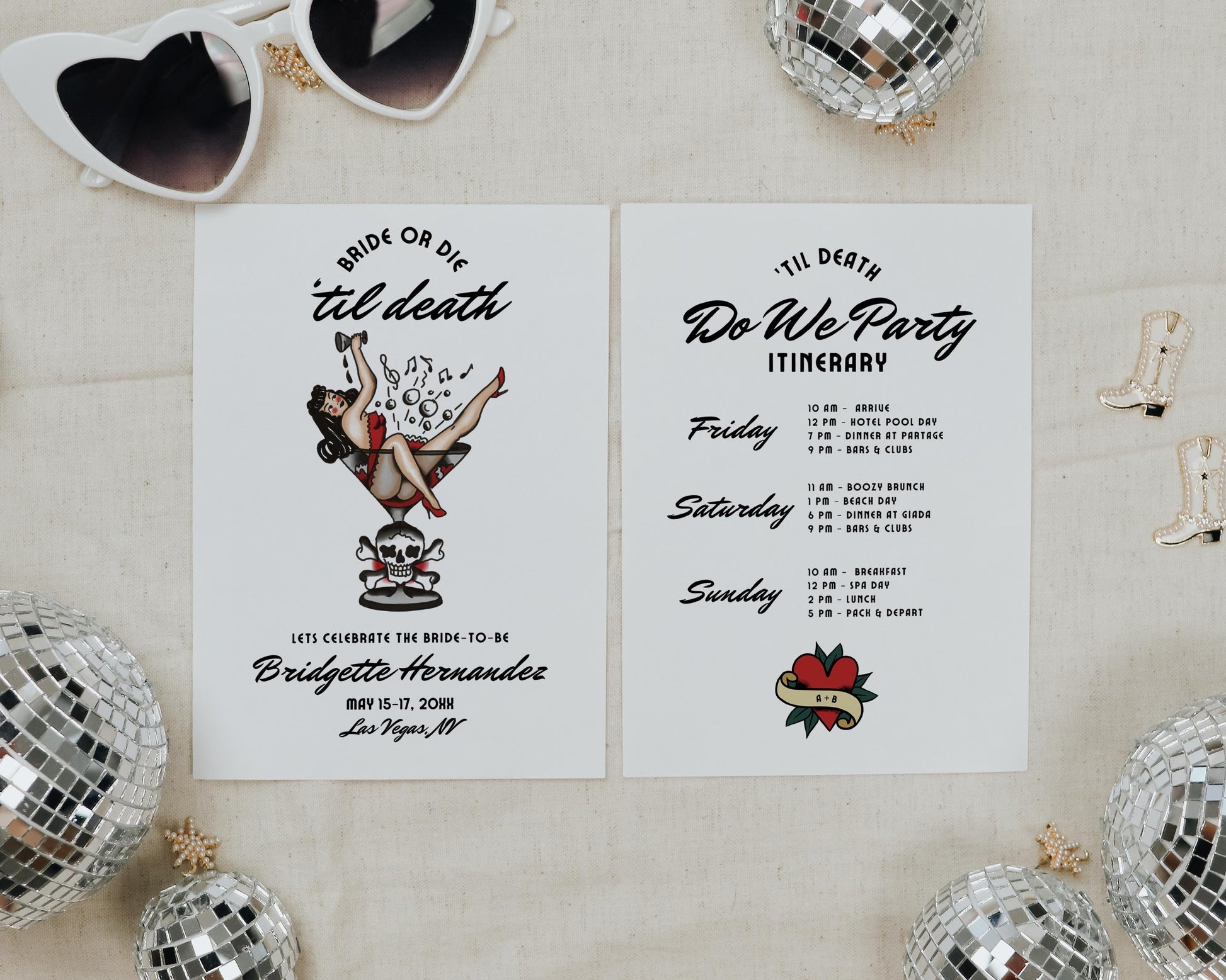 Traditional Tattoo Bachelorette Invitation and Itinerary Old School Tattoo Til Death Do Us Party Black Hens Party Bride or Die Bachelorette