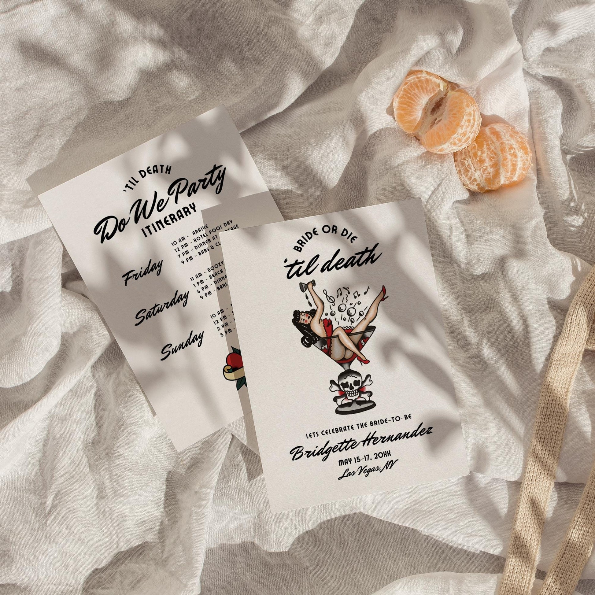 Traditional Tattoo Bachelorette Invitation and Itinerary Old School Tattoo Til Death Do Us Party Black Hens Party Bride or Die Bachelorette