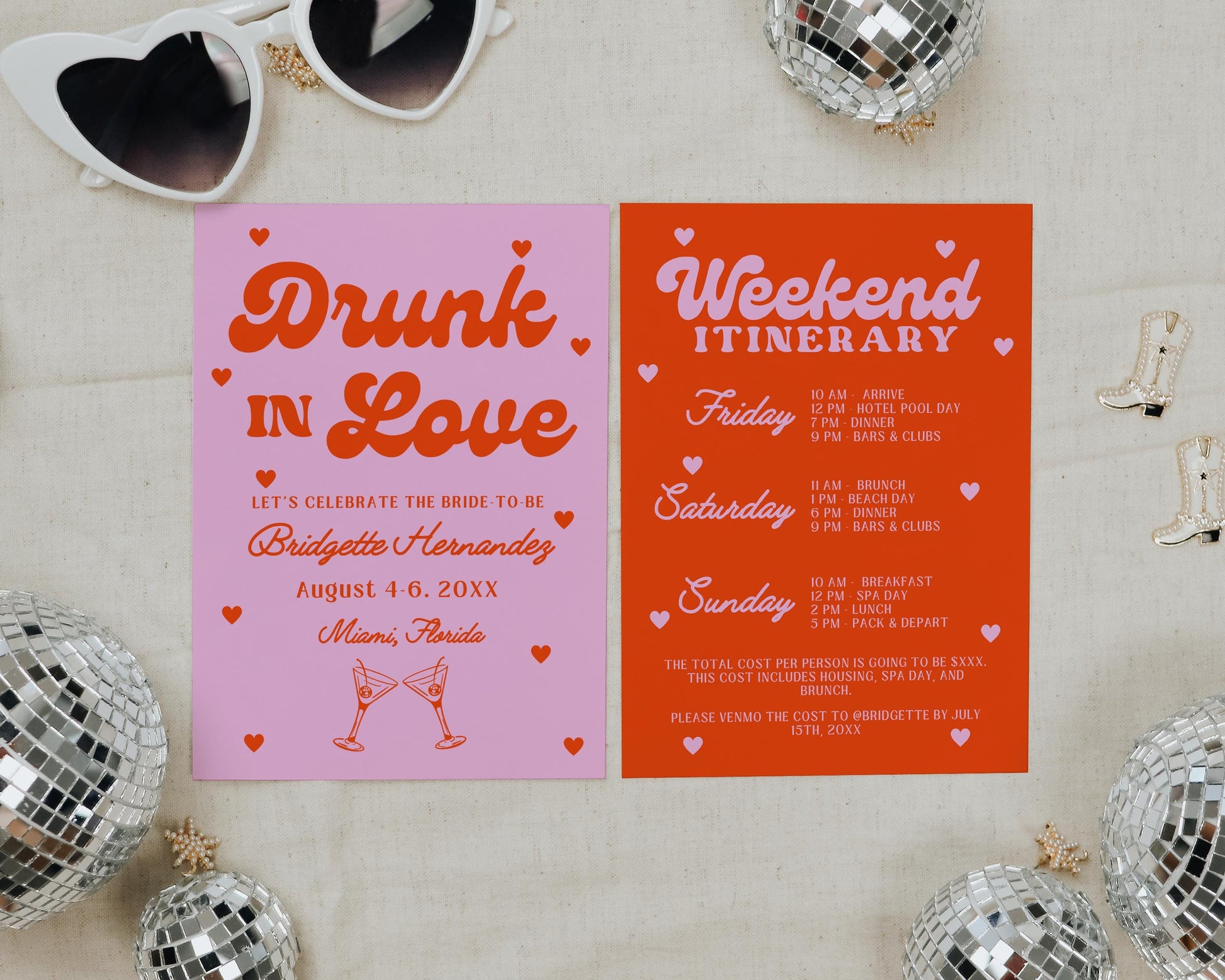 Drunk in Love Bachelorette Theme Invite Bachelorette Weekend Trip Itinerary Invite Girly Bachelorette Party Invitation Retro Hen's Party