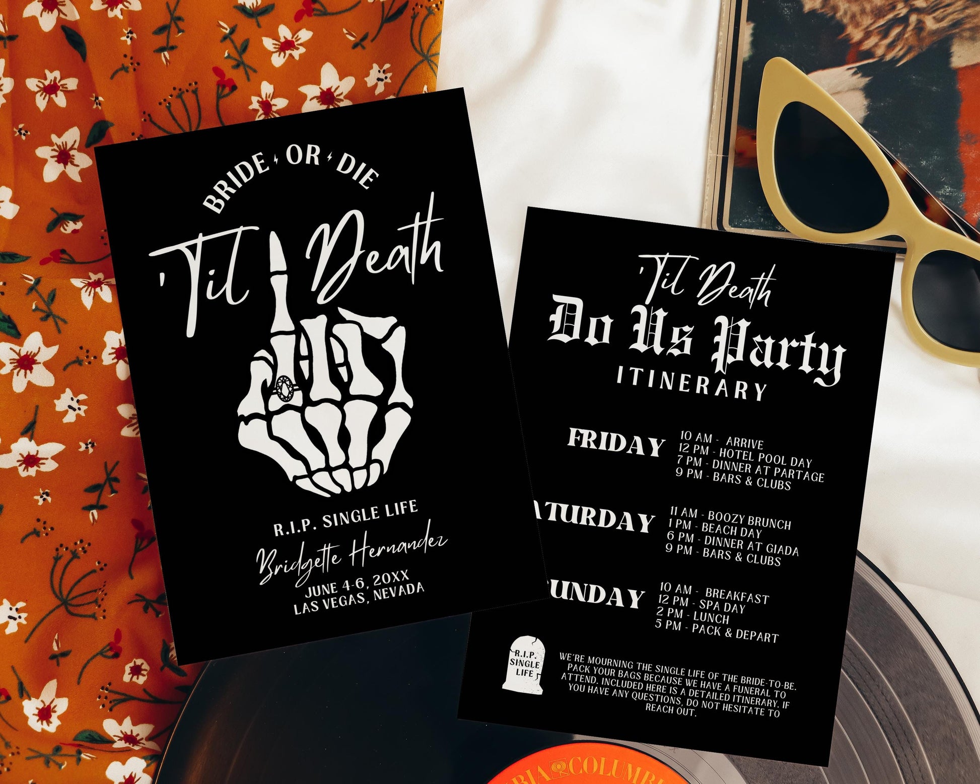 Til Death Do Us Party Bachelorette Invitation and Itinerary Template Bride or Die Itinerary Weekend Away Black Hens Party Editable Invite