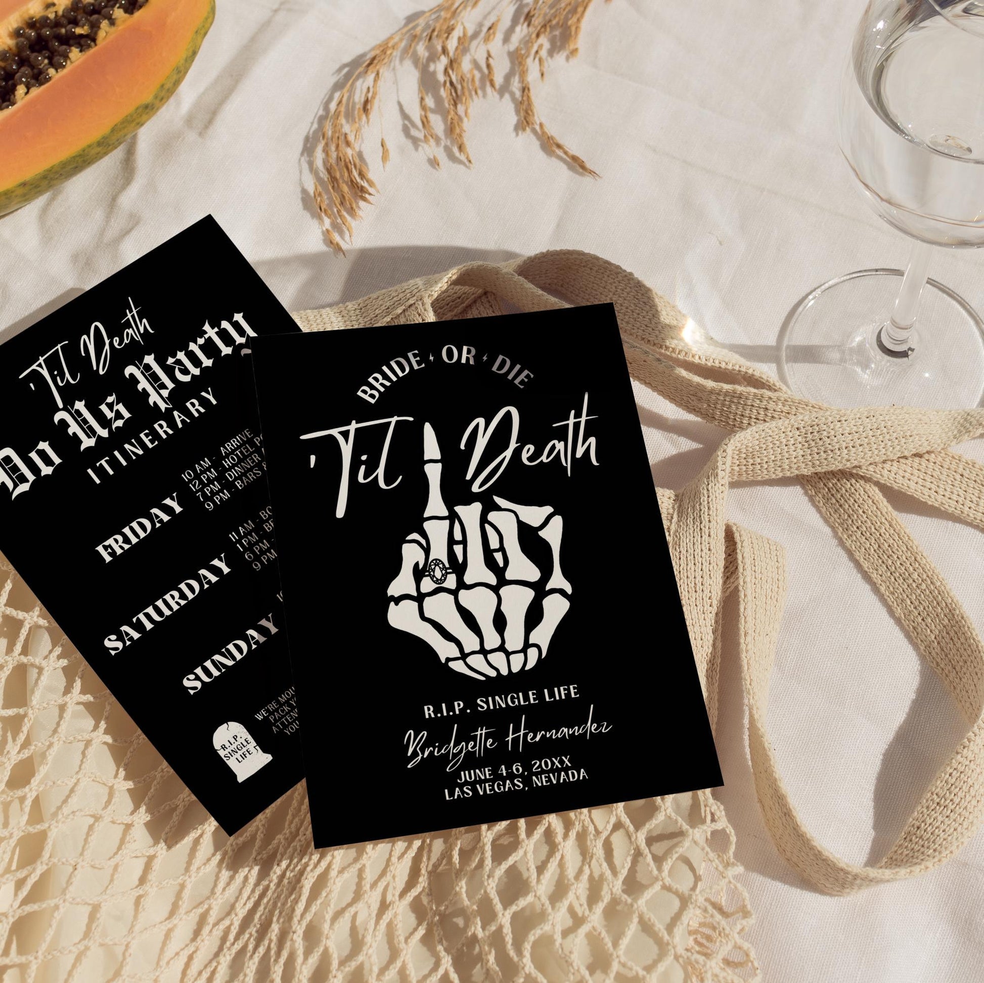 Til Death Do Us Party Bachelorette Invitation and Itinerary Template Bride or Die Itinerary Weekend Away Black Hens Party Editable Invite