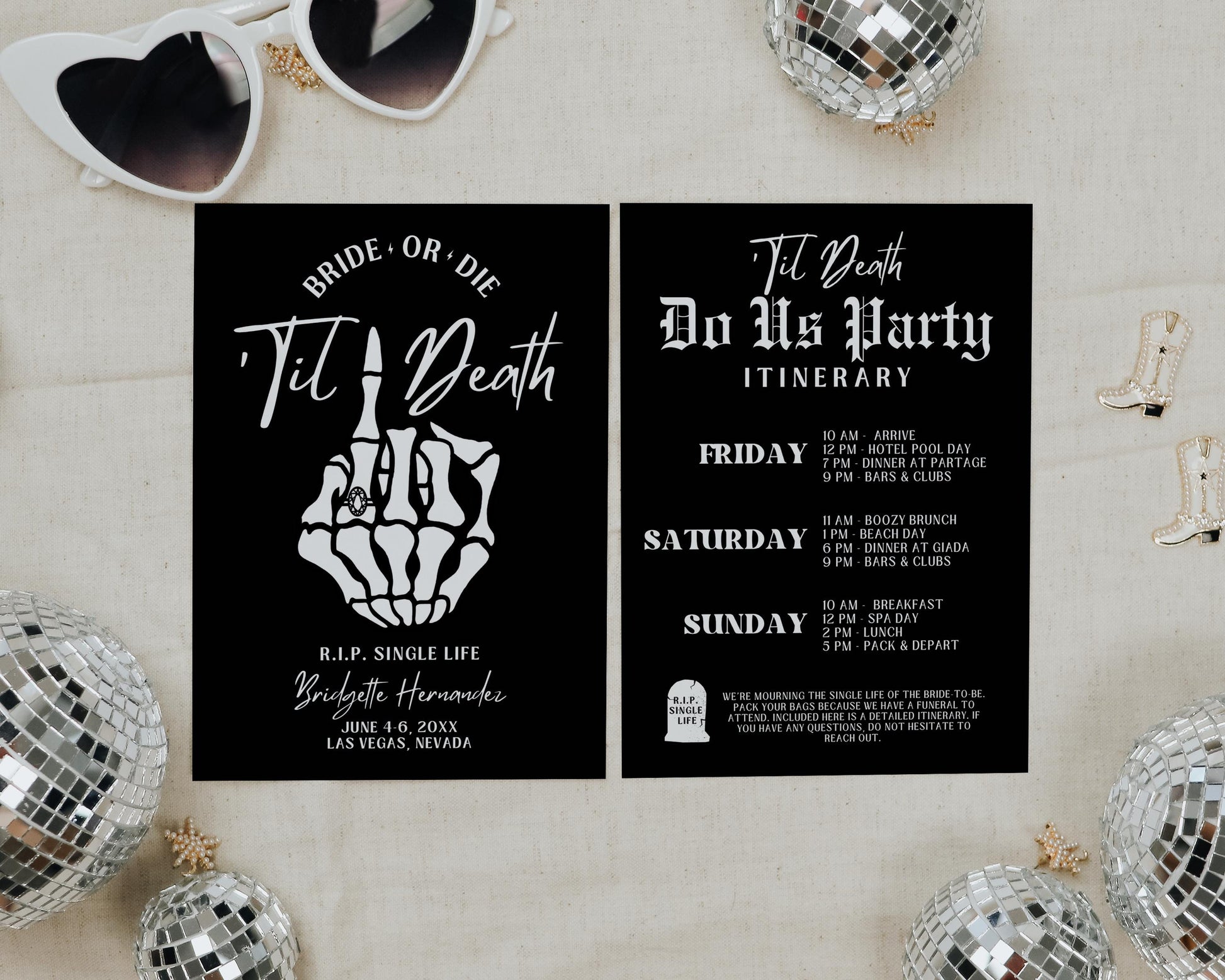 Til Death Do Us Party Bachelorette Invitation and Itinerary Template Bride or Die Itinerary Weekend Away Black Hens Party Bachelorette Party