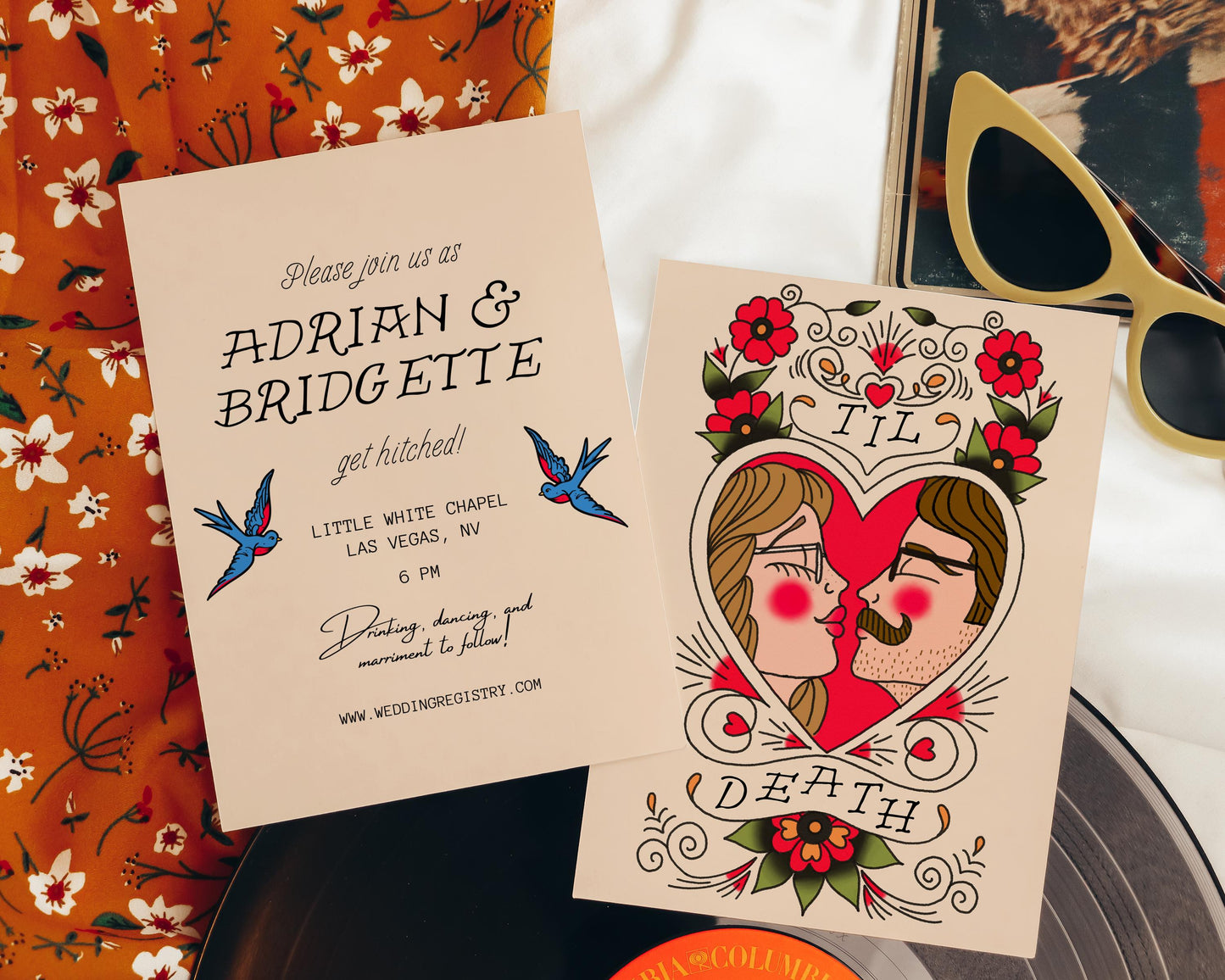 CUSTOM Traditional Style Inspired Couple Illustration Couple Tattoo Flash Art Old School Tattoo Wedding Invite Alternative Wedding