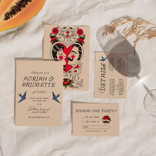 Traditional Tattoo Wedding Stationery Old School Tattoo Wedding Rock N Roll Vintage Wedding Tattoo Rockabilly Custom Wedding Suite Template