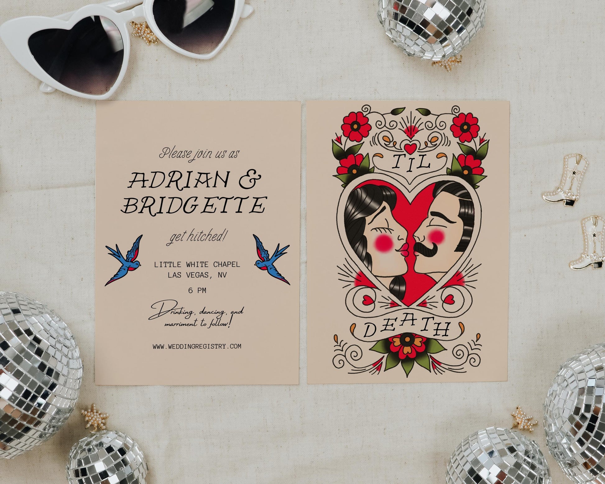 Wedding Invitation Traditional Tattoo Wedding Old School Tattoo Rock N Roll Vintage Wedding Stationery Tattoo Rockabilly Custom Invite