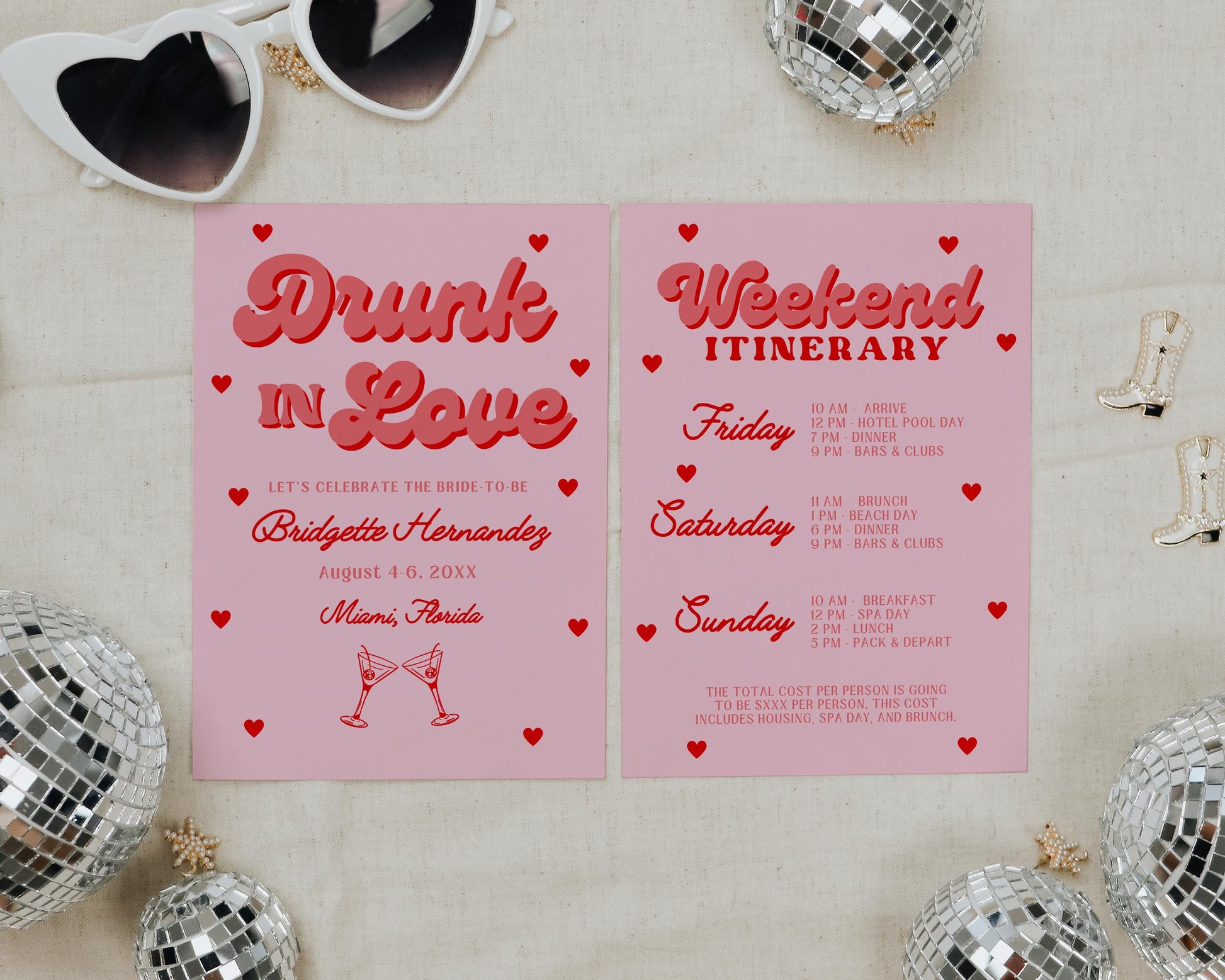 Drunk in Love Bachelorette Theme Invite Bachelorette Weekend Trip Itinerary Invite Girly Retro Bachelorette Party Invitation Retro