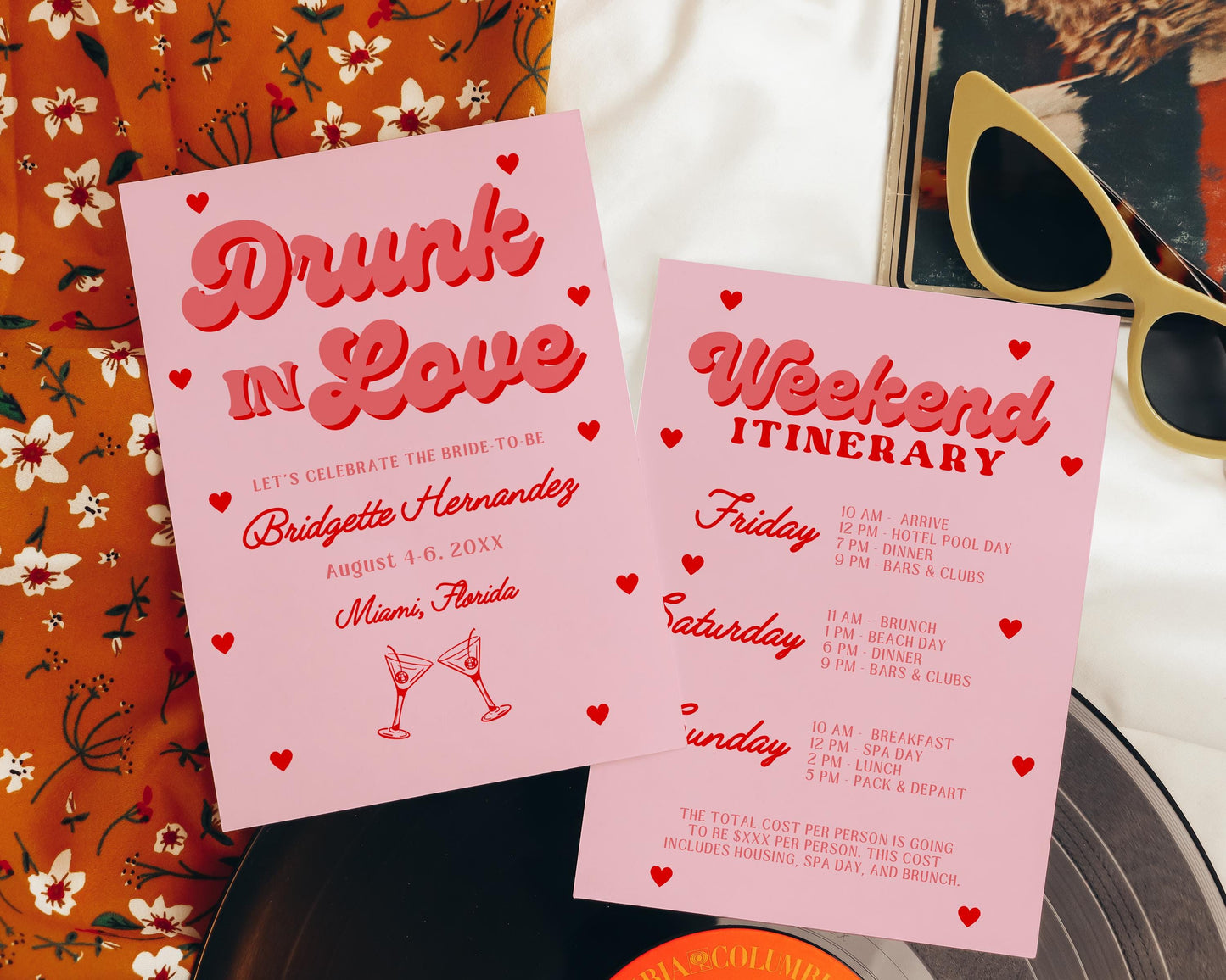 Drunk in Love Bachelorette Theme Invite Bachelorette Weekend Trip Itinerary Invite Girly Retro Bachelorette Party Invitation Retro