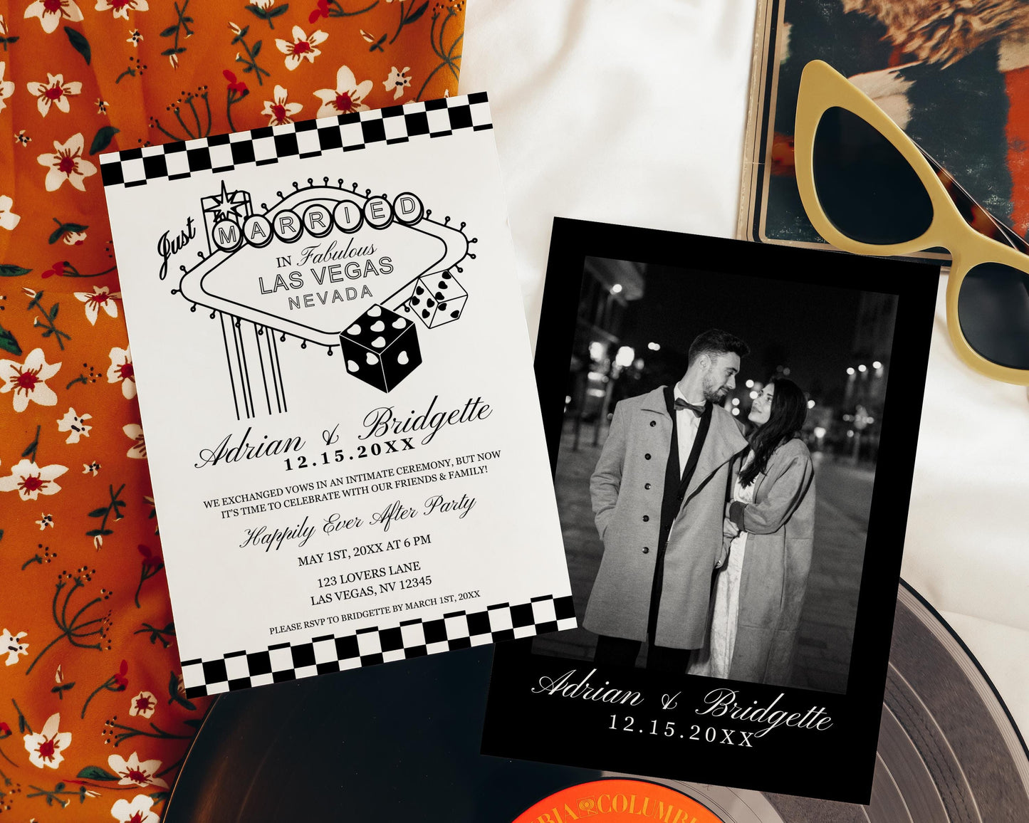 Las Vegas Elopement Announcement Vegas Wedding Pocket Wedding After Party Invite Wedding Reception Invitation Lucky in Love Vintage Wedding