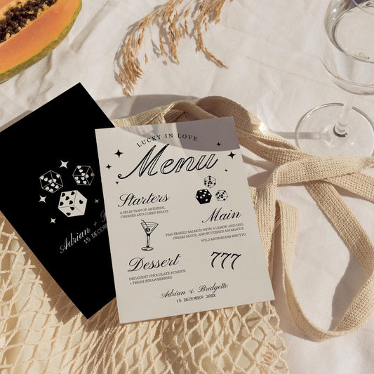 WEDDING MENU and Place Cards Hand Drawn Vegas Wedding Stationery Playing Cards Lucky in Love Wedding Menu Template Vintage Wedding Las Vegas