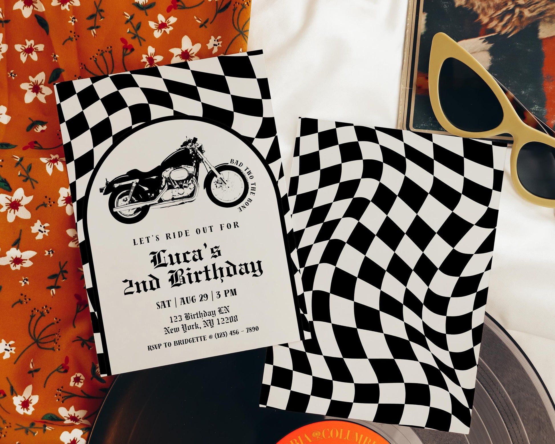 2nd Birthday Party Invitation Bad Two the Bone Birthday Theme Second Birthday Retro Birthday Traditional Style Birthday Party Theme Invite