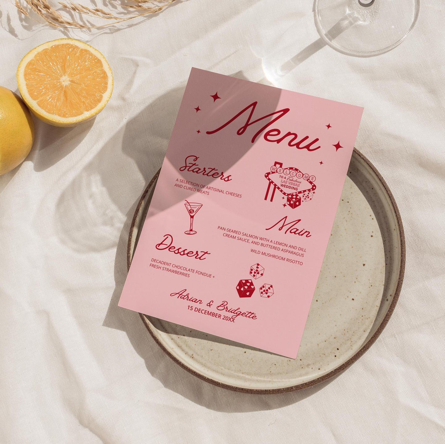 WEDDING MENU and Place Cards Hand Drawn Vegas Wedding Stationery Playing Cards Lucky in Love Wedding Menu Template Vintage Wedding Las Vegas