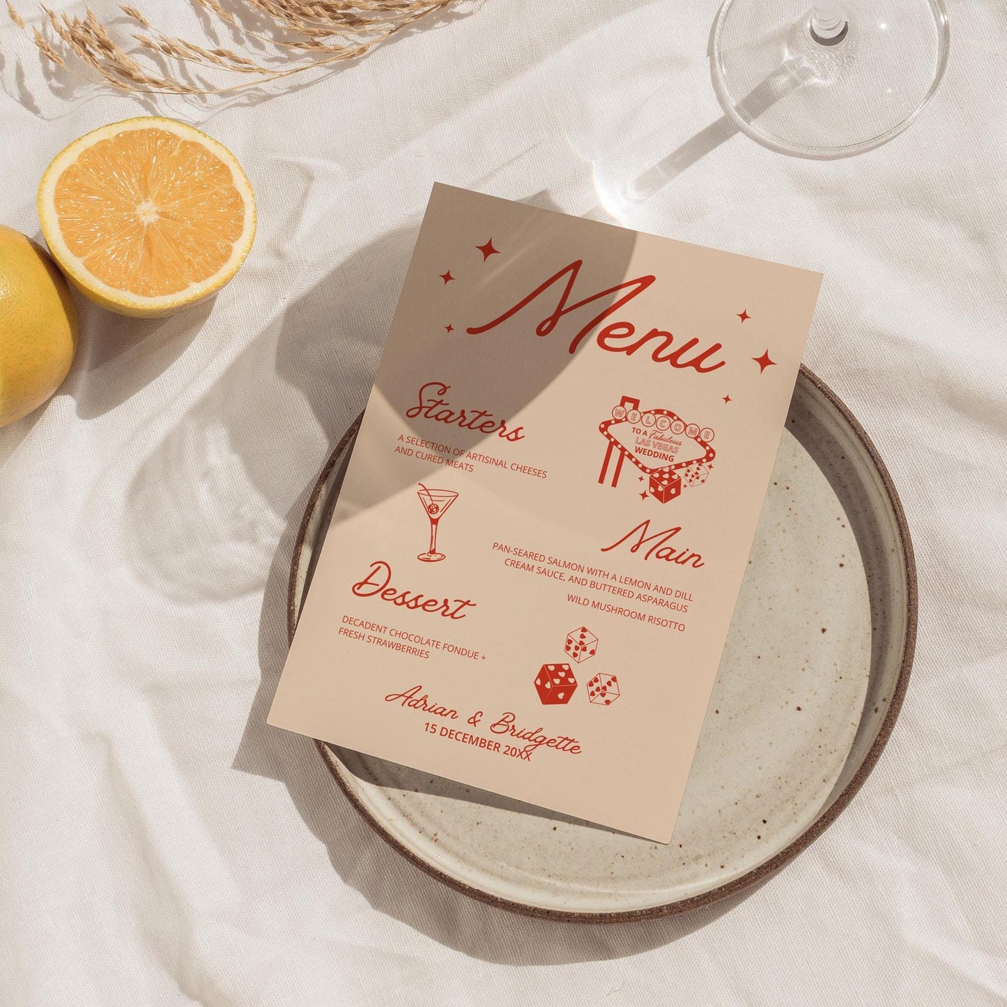 WEDDING MENU and Place Cards Hand Drawn Vegas Wedding Stationery Playing Cards Lucky in Love Wedding Menu Template Vintage Wedding Las Vegas