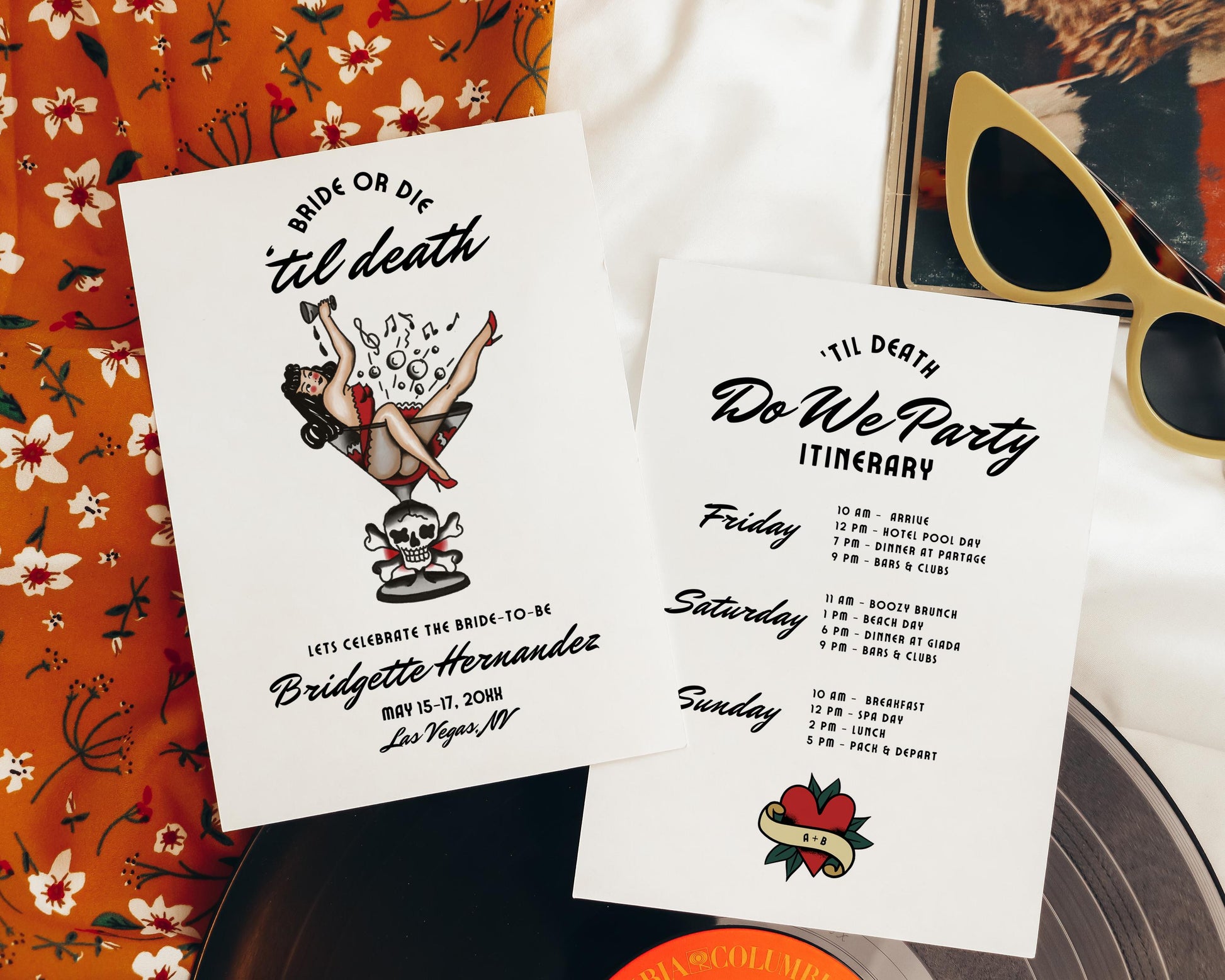 Traditional Tattoo Bachelorette Invitation and Itinerary Old School Tattoo Til Death Do Us Party Black Hens Party Bride or Die Bachelorette