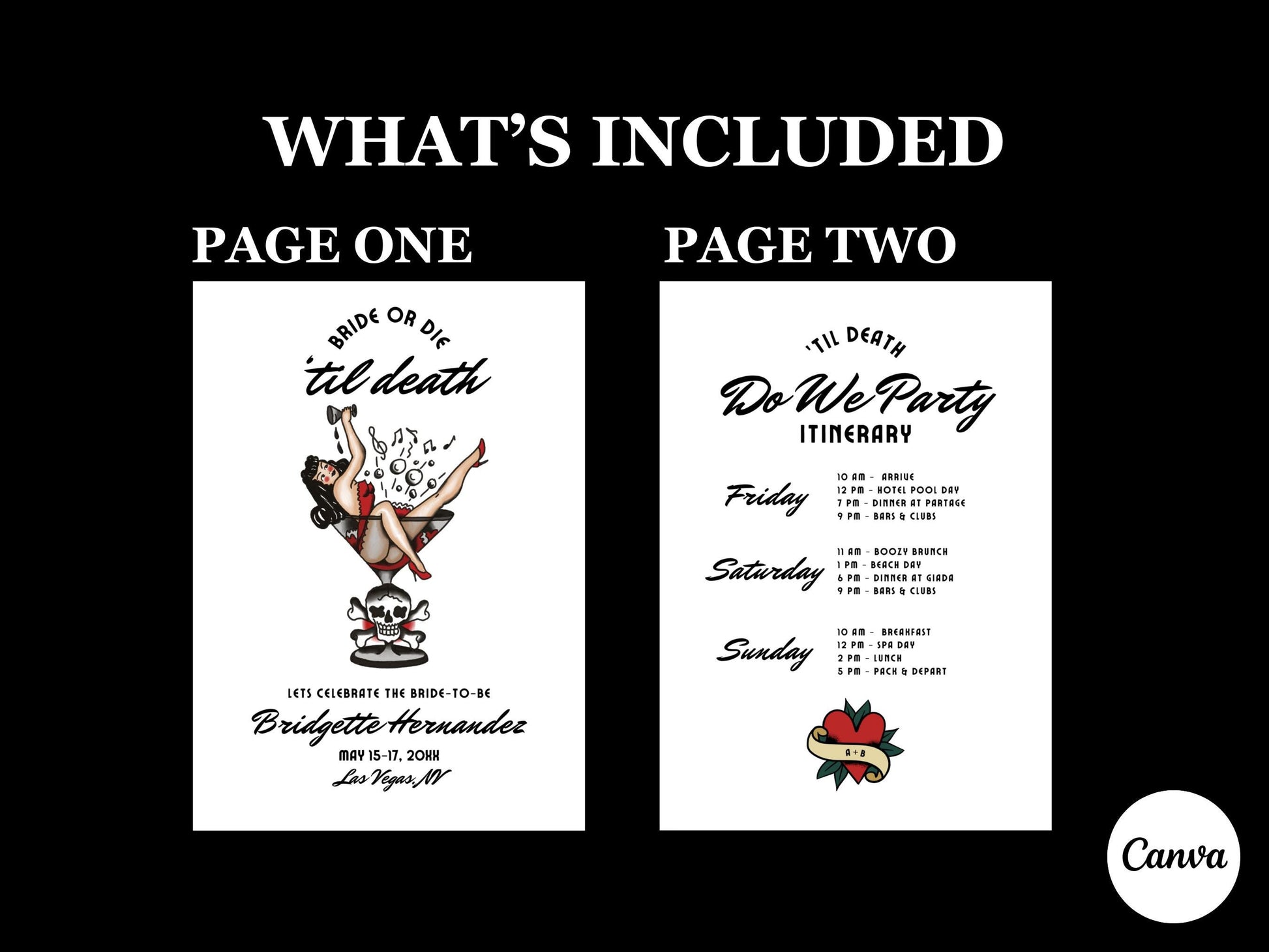 Traditional Tattoo Bachelorette Invitation and Itinerary Old School Tattoo Til Death Do Us Party Black Hens Party Bride or Die Bachelorette