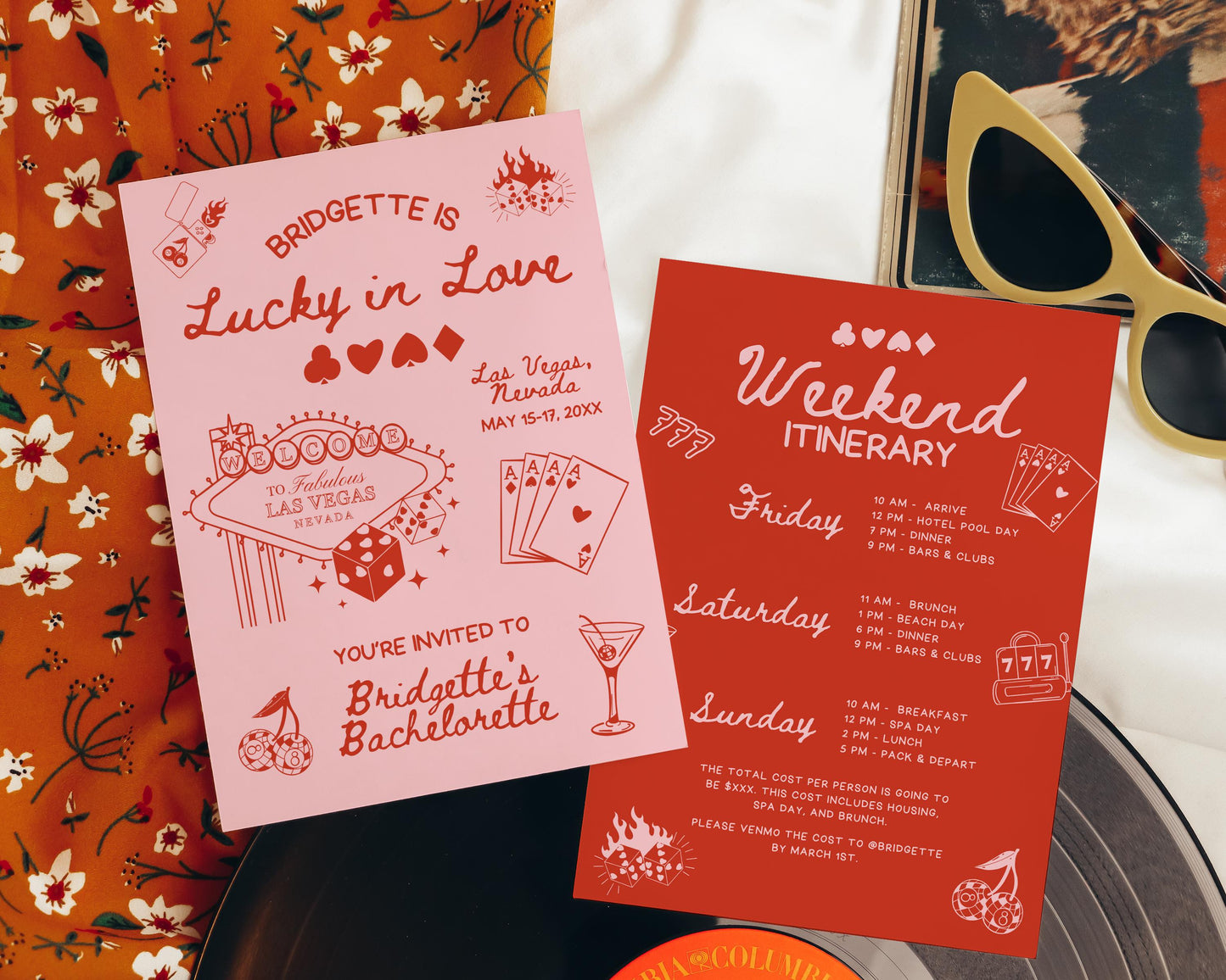 Lucky In Love Las Vegas Bachelorette Invitation Itinerary Editable Template Vegas Bachelorette Invite Hand Drawn Whimsical Bach Party Invite