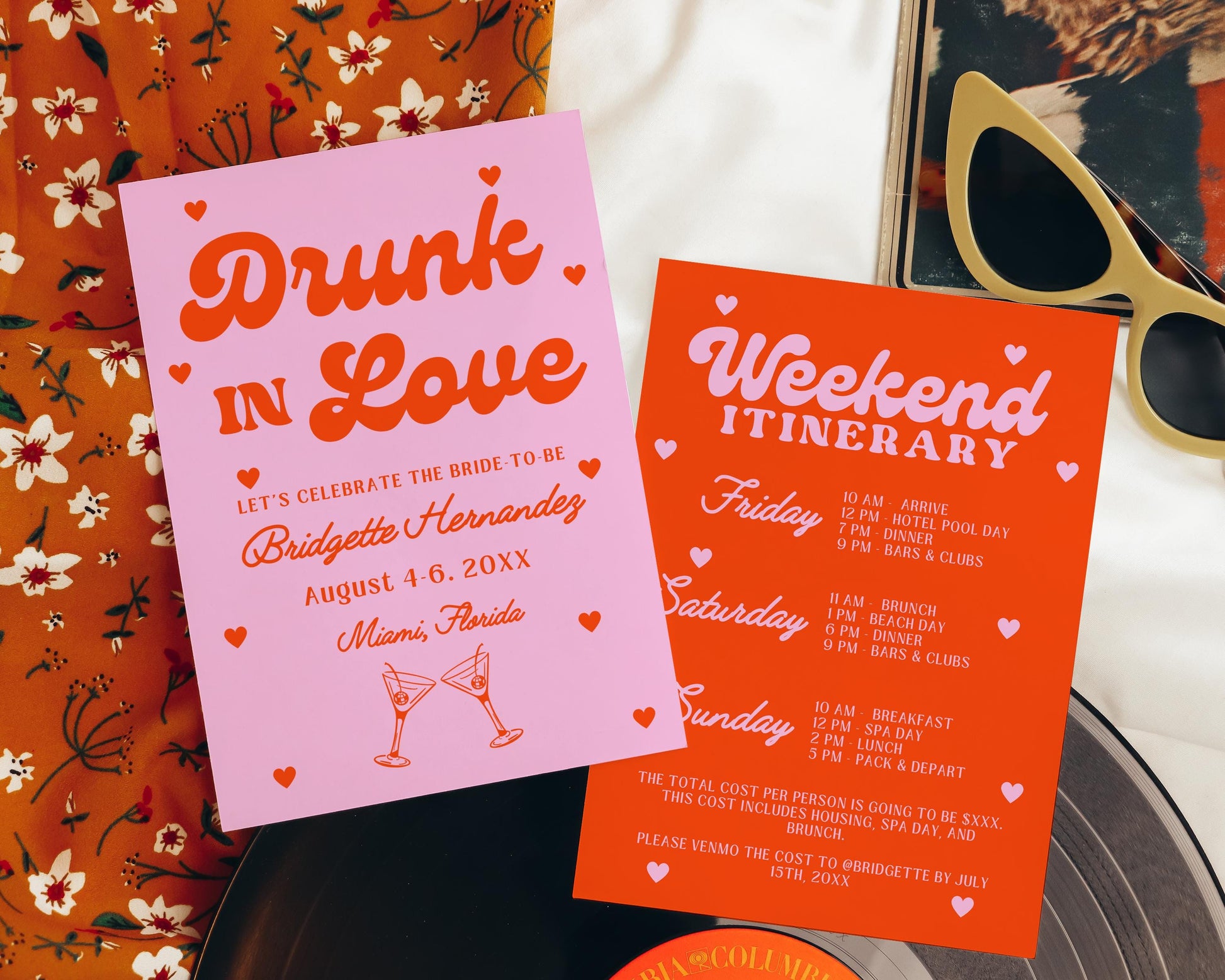 Drunk in Love Bachelorette Theme Invite Bachelorette Weekend Trip Itinerary Invite Girly Bachelorette Party Invitation Retro Hen's Party