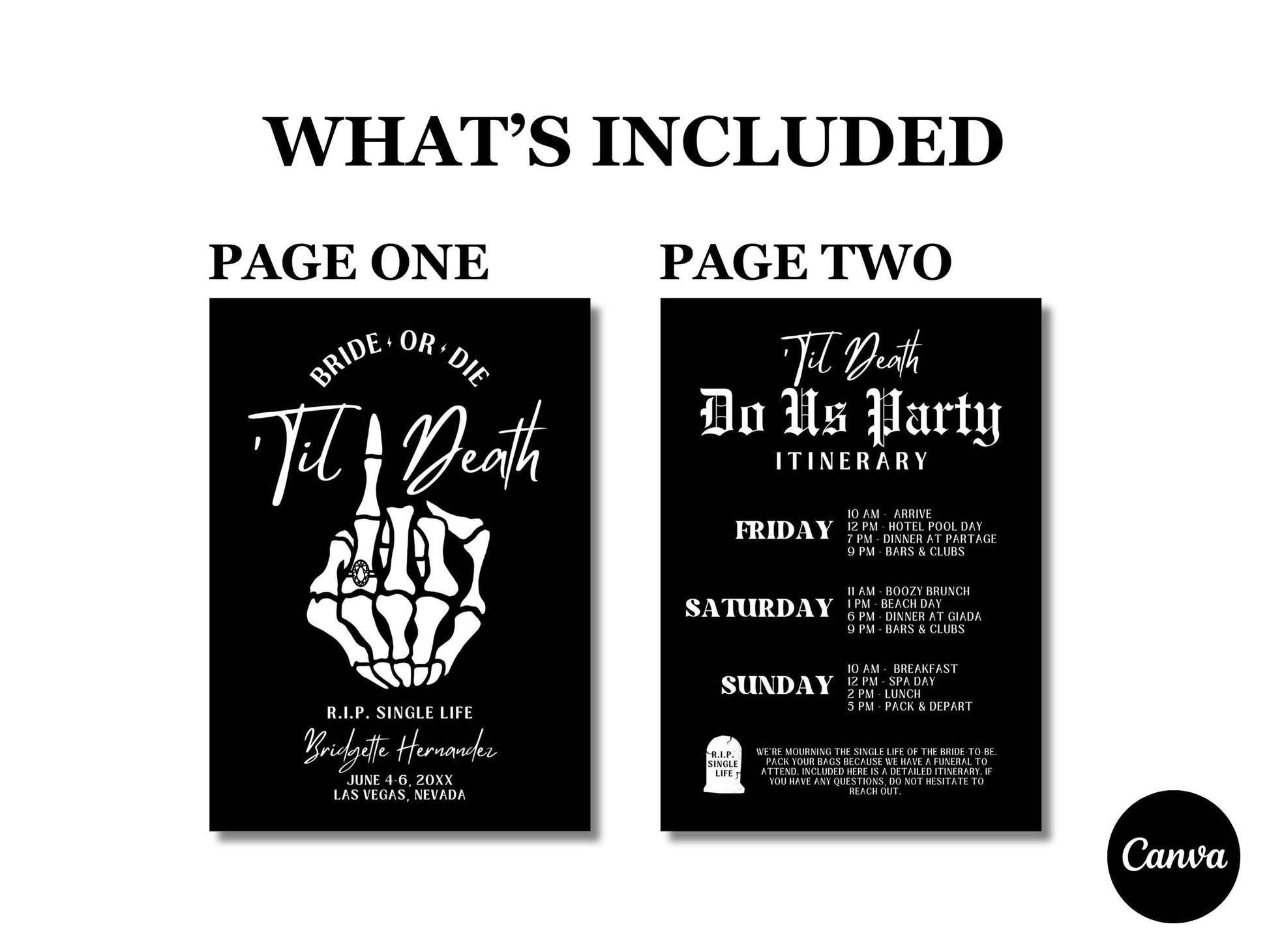 Til Death Do Us Party Bachelorette Invitation and Itinerary Template Bride or Die Itinerary Weekend Away Black Hens Party Editable Invite