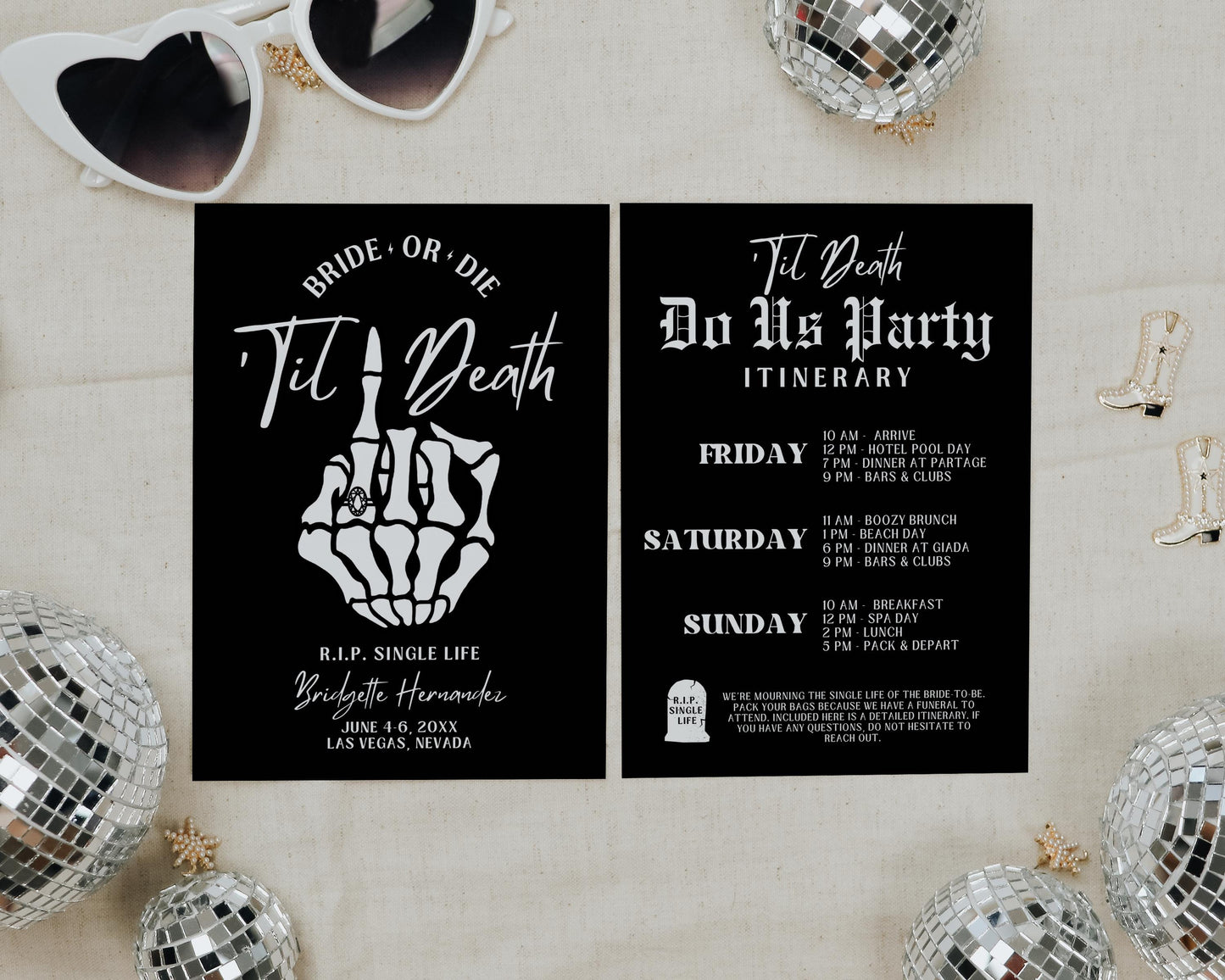 Til Death Do Us Party Bachelorette Invitation and Itinerary Template Bride or Die Itinerary Weekend Away Black Hens Party Editable Invite