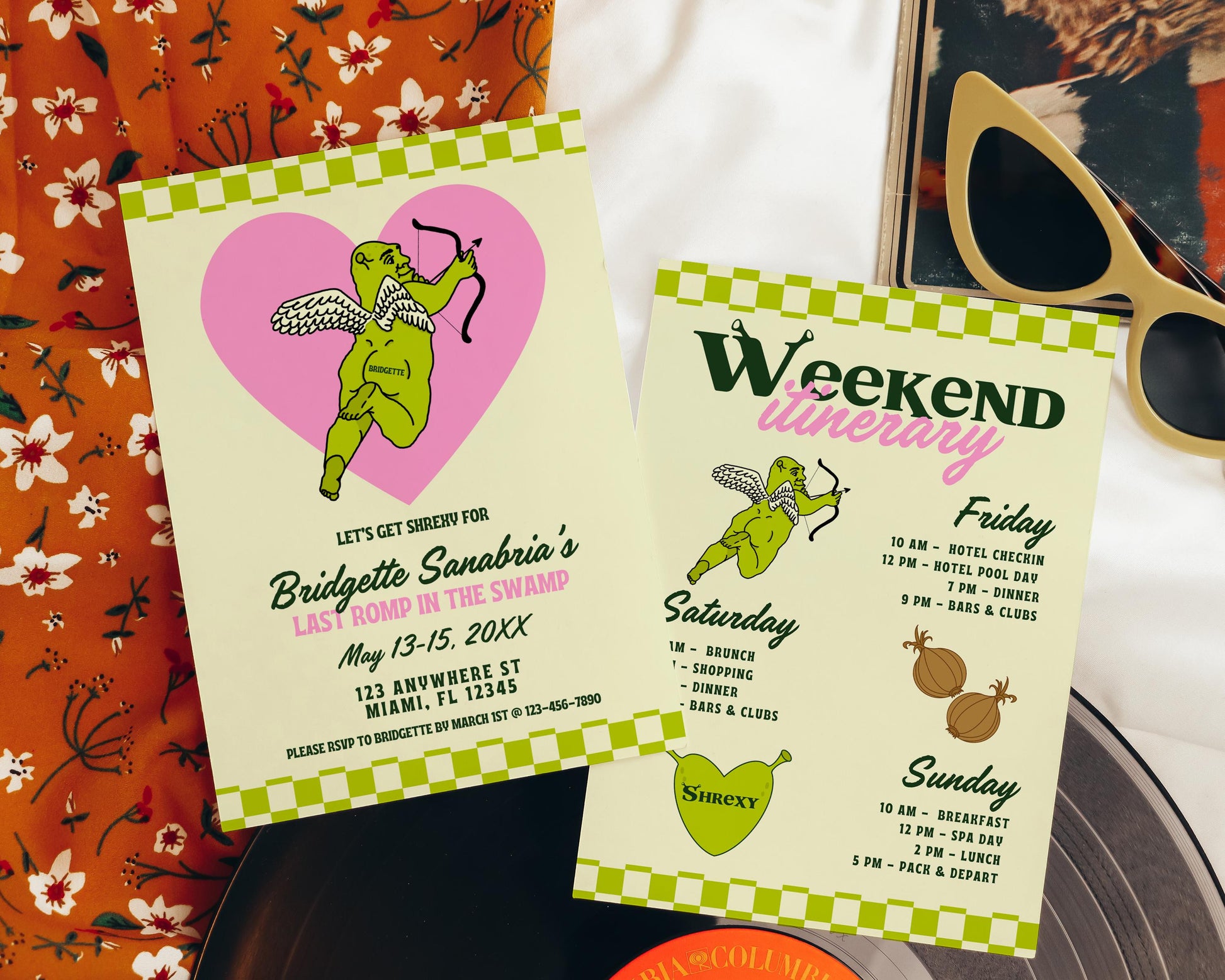 SHREKLORETTE PARTY INVITE and Itinerary Funny Last Romp in the Swamp Bachelorette Shrexy Bachelorette Invite Same Swamp Forever Bachelorette