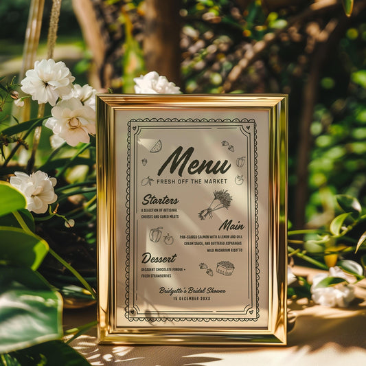 Fresh Off the Market Bridal Shower Menu & Place Cards Farmers Market Bridal Shower Hand Drawn Menu Template Editable Whimsical Wedding Theme