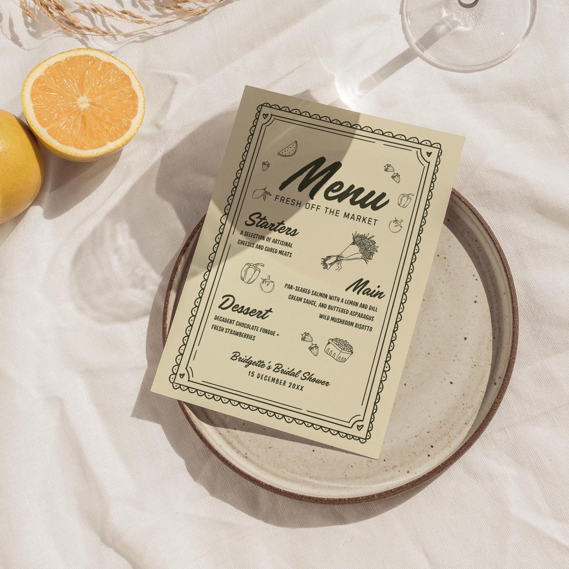 Fresh Off the Market Bridal Shower Menu & Place Cards Farmers Market Bridal Shower Hand Drawn Menu Template Editable Whimsical Wedding Theme