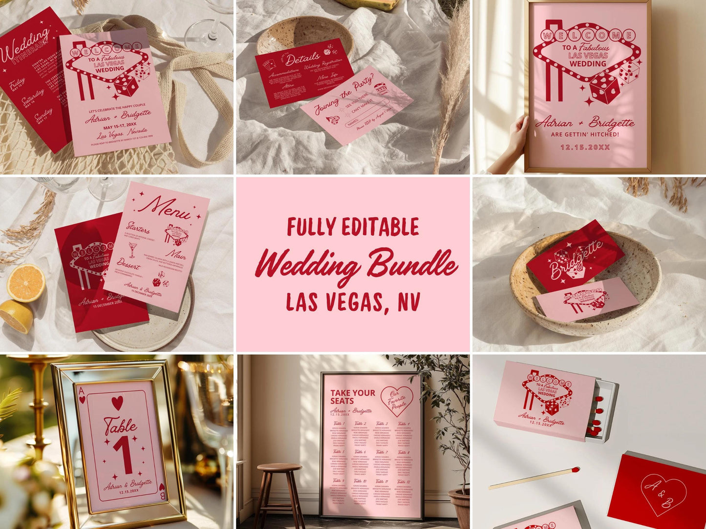 Vegas Wedding Template Bundle: Retro Hand-Drawn Illustrations (Digital Download, Canva Templates)