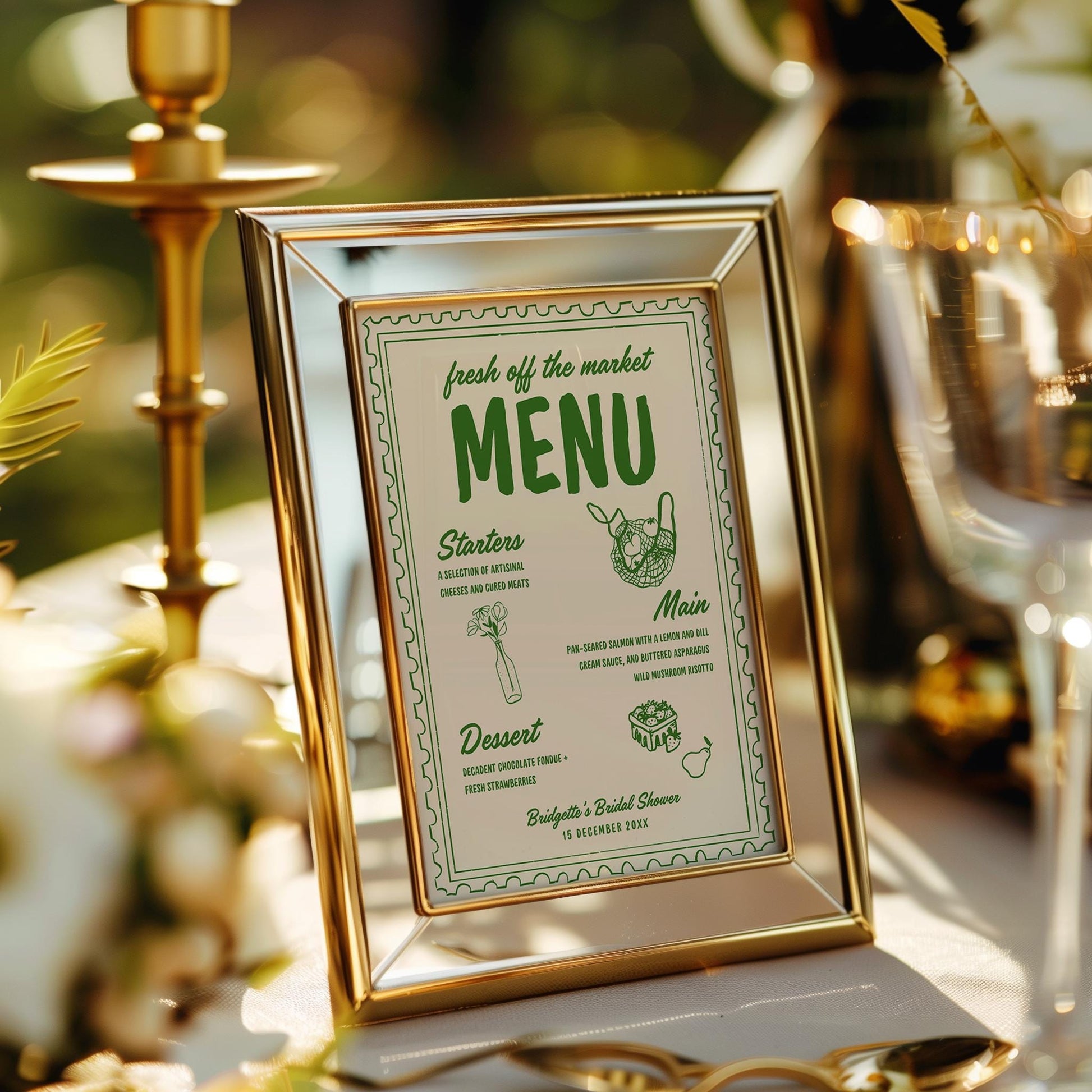 Fresh Off the Market Bridal Shower Menu & Place Cards Farmers Market Bridal Shower Hand Drawn Menu Template Editable Whimsical Wedding Theme